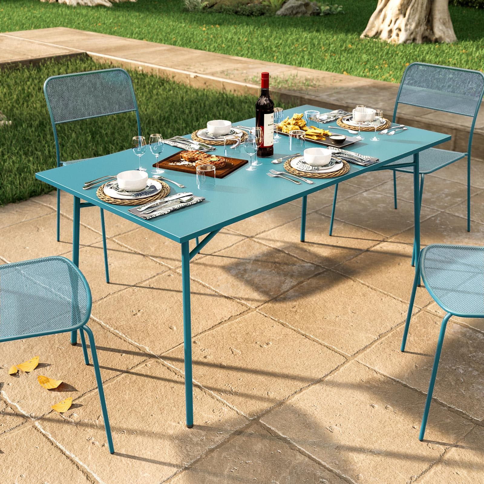 Set pranzo con tavolo 150x80 cm e 4 sedie in acciaio blu maldive - Faber