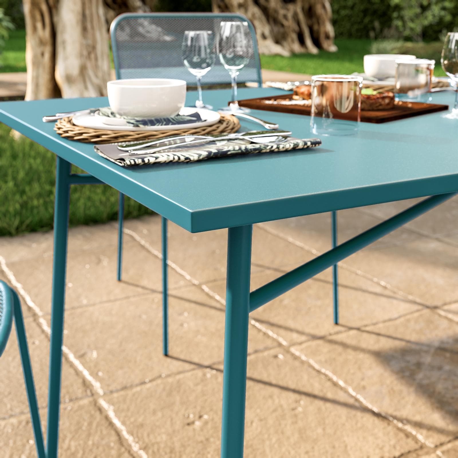 Set pranzo con tavolo 150x80 cm e 4 sedie in acciaio blu maldive - Faber