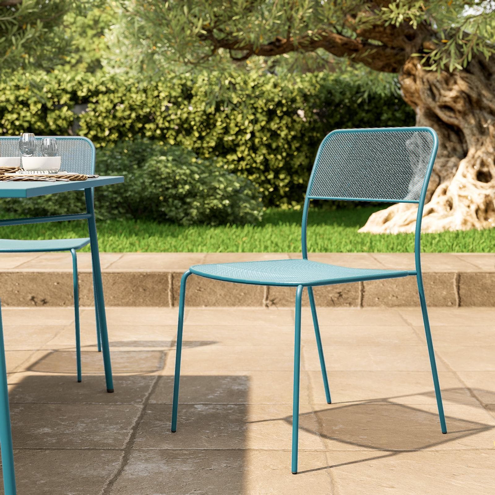 Set pranzo con tavolo 150x80 cm e 4 sedie in acciaio blu maldive - Faber