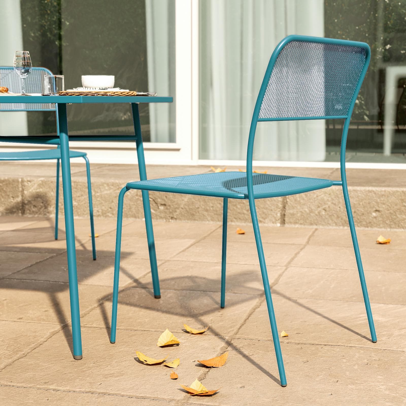 Set pranzo con tavolo 150x80 cm e 4 sedie in acciaio blu maldive - Faber