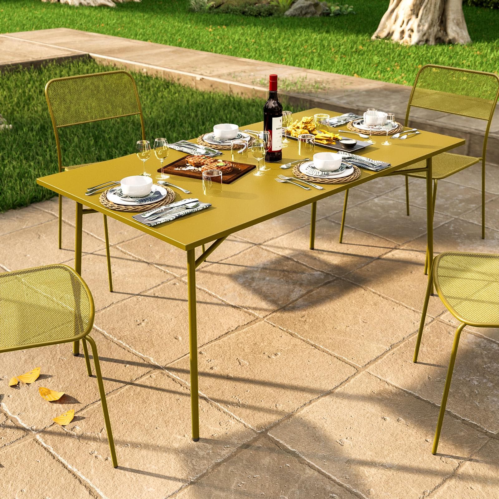 Set pranzo con tavolo 150x80 cm e 4 sedie in acciaio senape - Faber