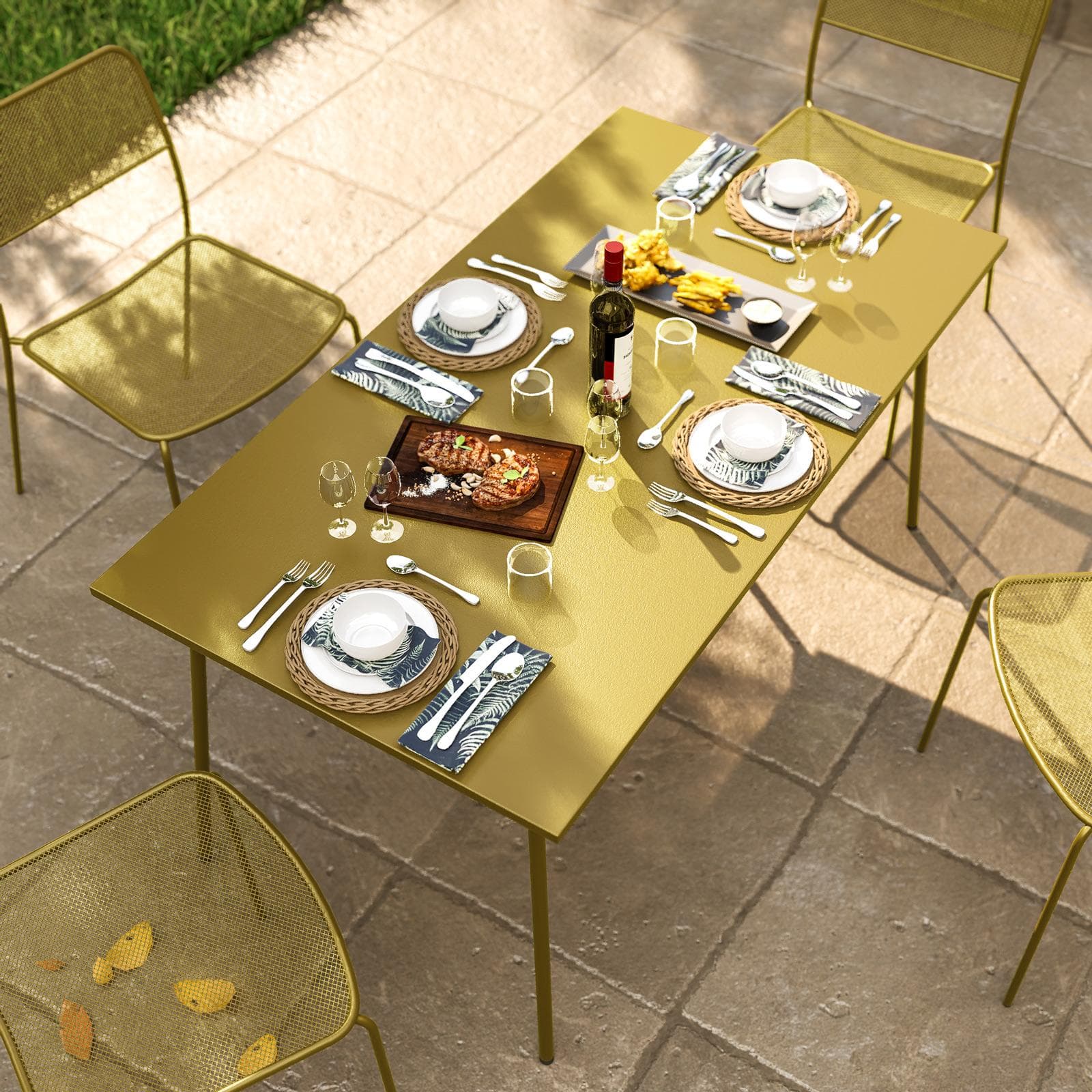 Set pranzo con tavolo 150x80 cm e 4 sedie in acciaio senape - Faber