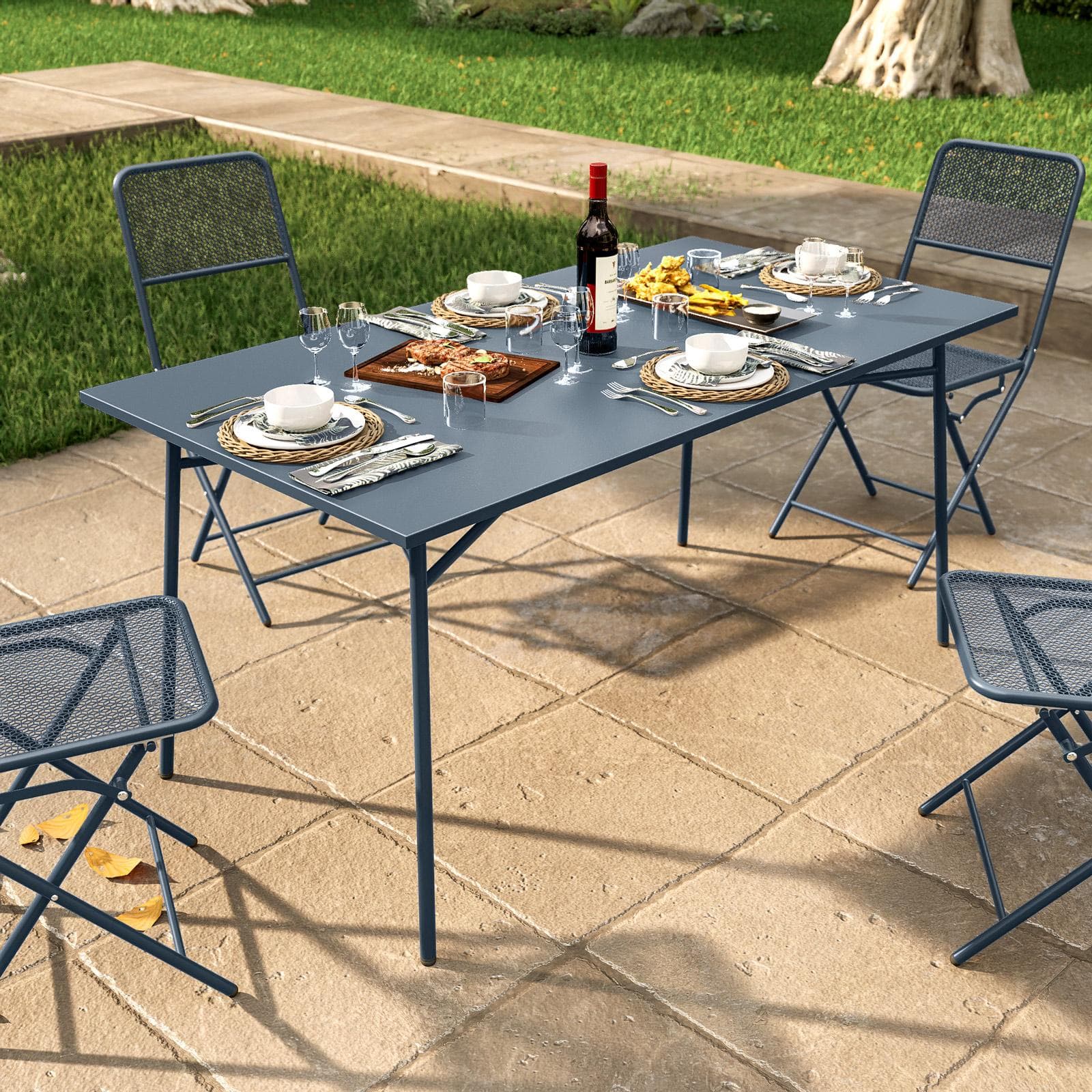 Set pranzo con tavolo 150x80 cm e 4 sedie pieghevoli in acciaio blu oceano - Faber