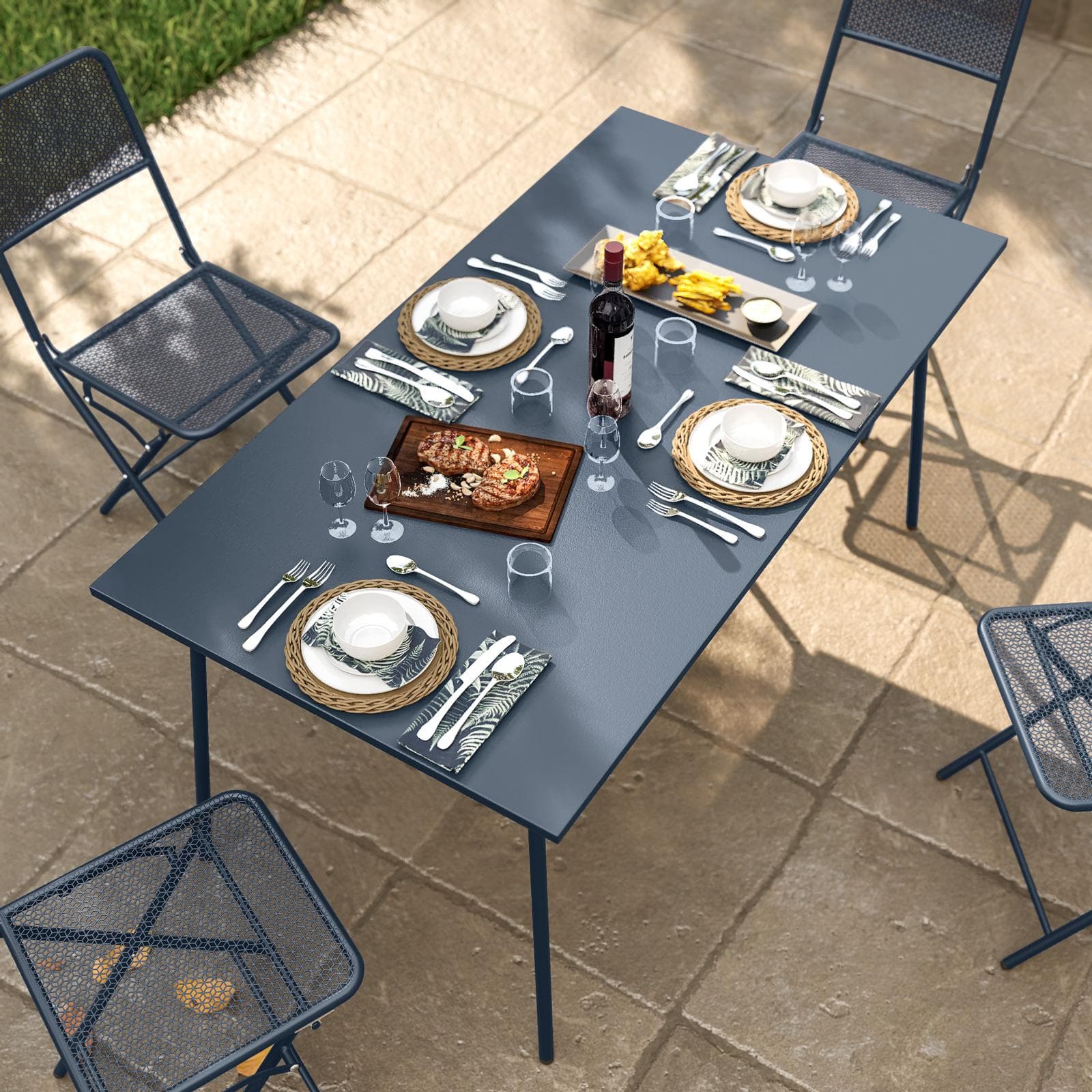 Set pranzo con tavolo 150x80 cm e 4 sedie pieghevoli in acciaio blu oceano - Faber
