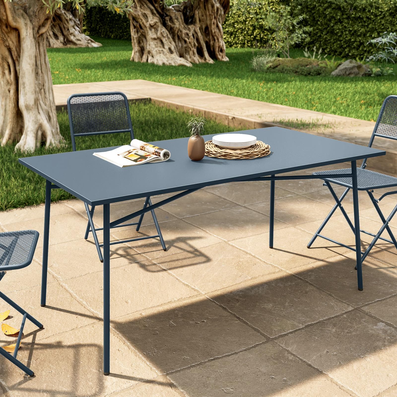 Set pranzo con tavolo 150x80 cm e 4 sedie pieghevoli in acciaio blu oceano - Faber