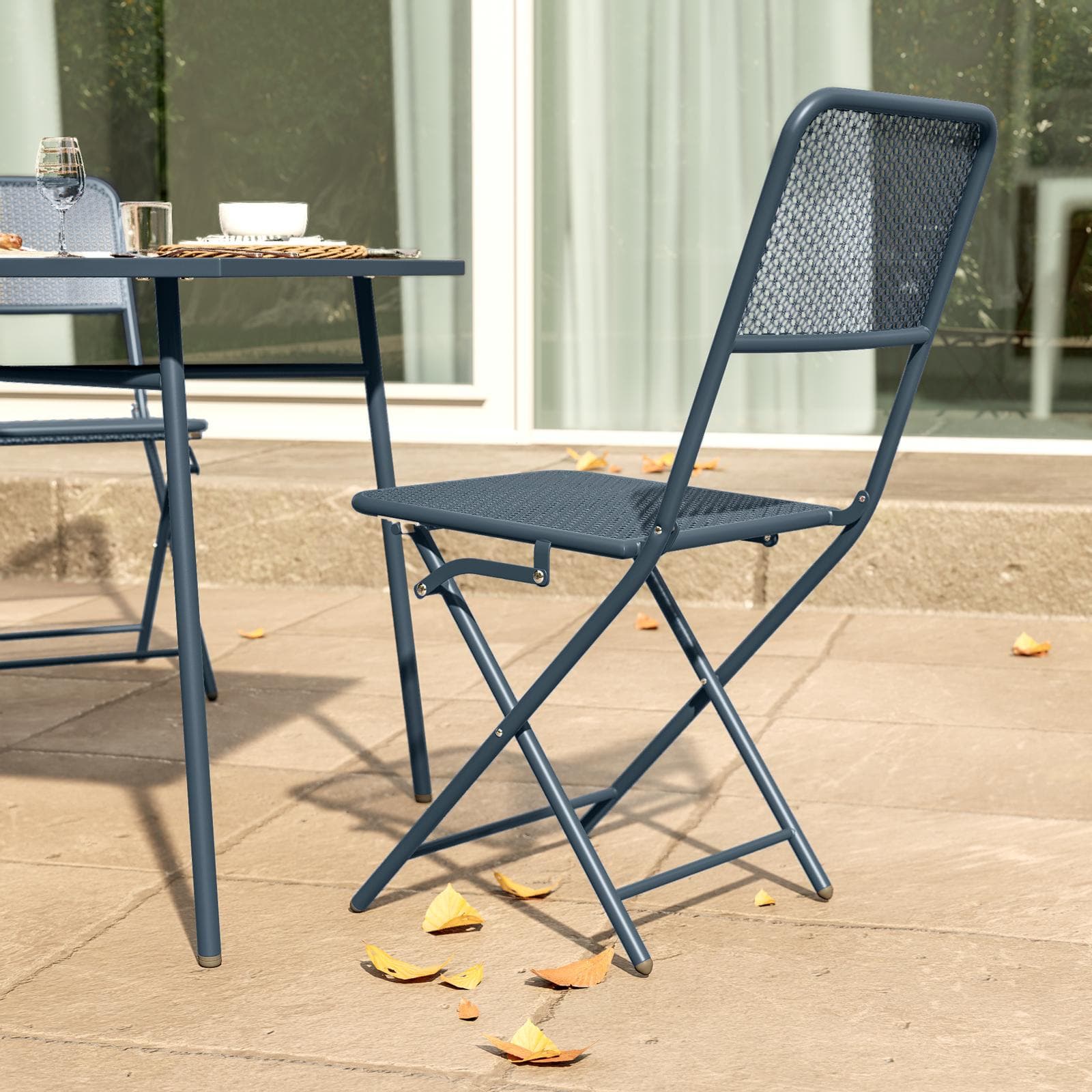 Set pranzo con tavolo 150x80 cm e 4 sedie pieghevoli in acciaio blu oceano - Faber