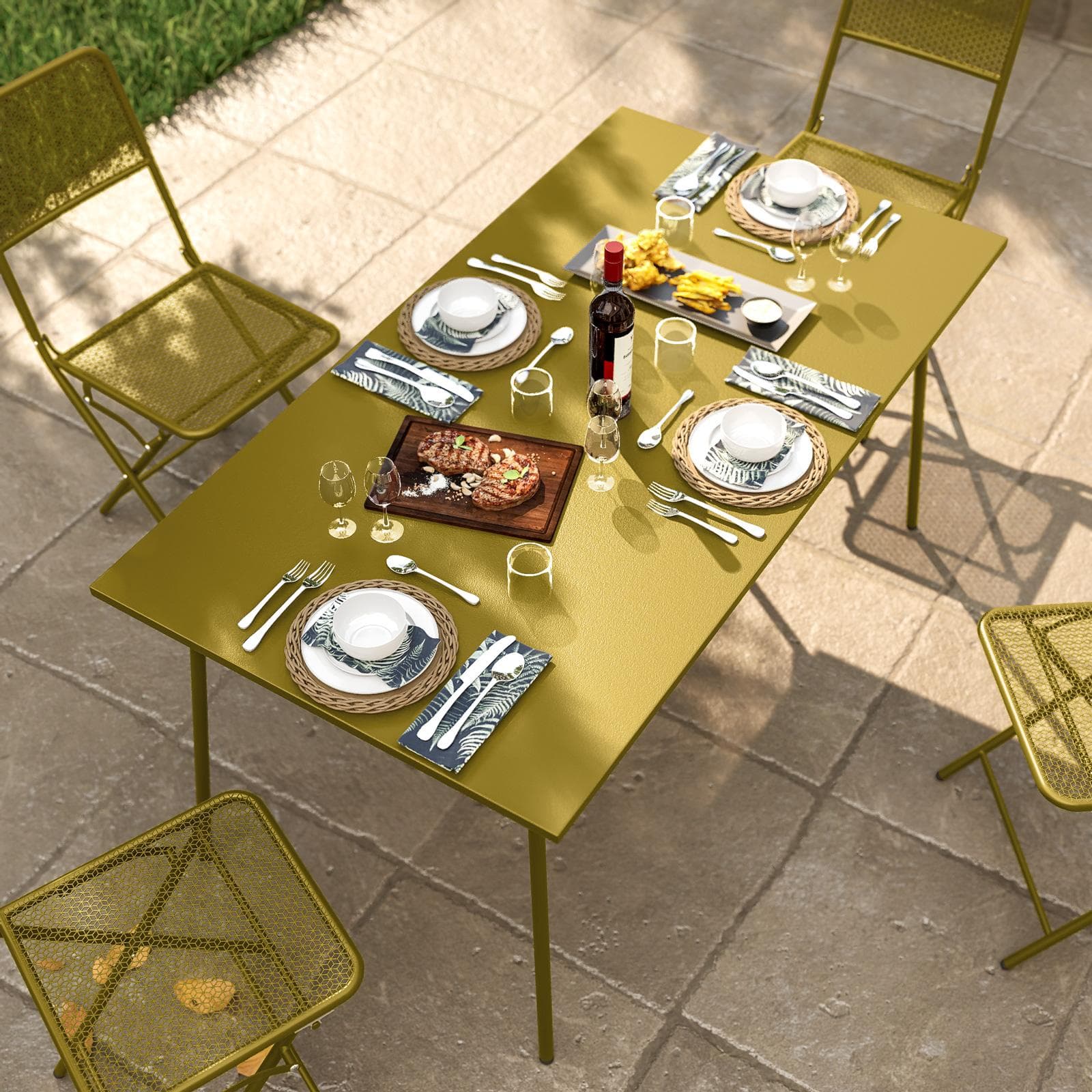 Set pranzo con tavolo 150x80 cm e 4 sedie pieghevoli in acciaio senape - Faber
