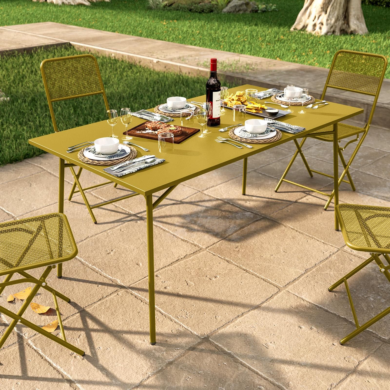 Set pranzo con tavolo 150x80 cm e 4 sedie pieghevoli in acciaio senape - Faber