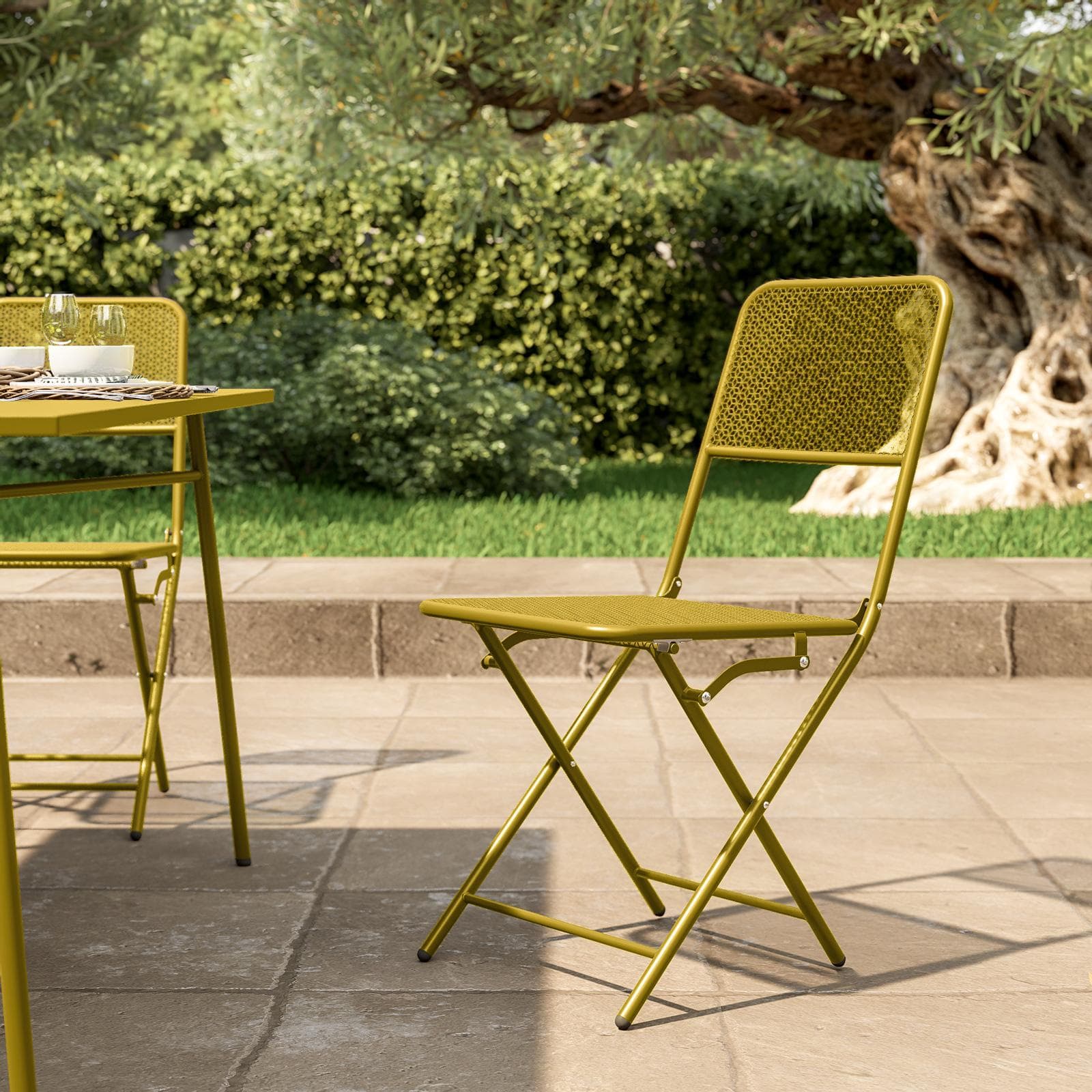 Set pranzo con tavolo 150x80 cm e 4 sedie pieghevoli in acciaio senape - Faber
