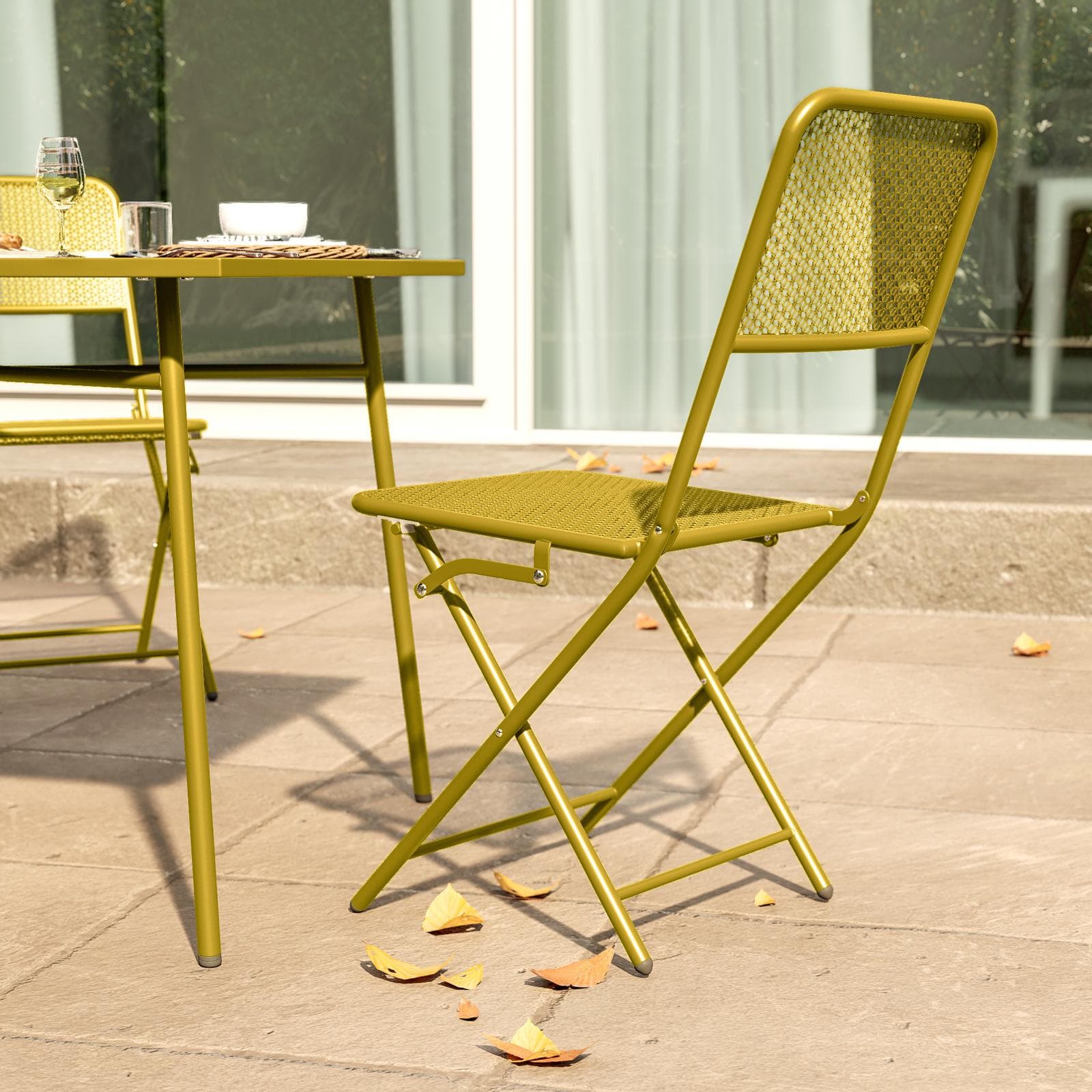Set pranzo con tavolo 150x80 cm e 4 sedie pieghevoli in acciaio senape - Faber