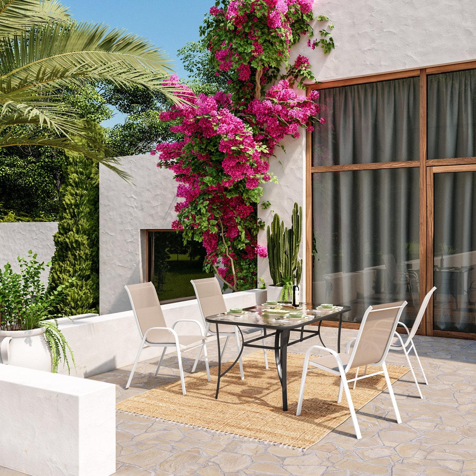 Set pranzo tavolo 150x90 cm top trasparente e 4 sedie con braccioli in acciaio bianco e textilene beige - Ninfa