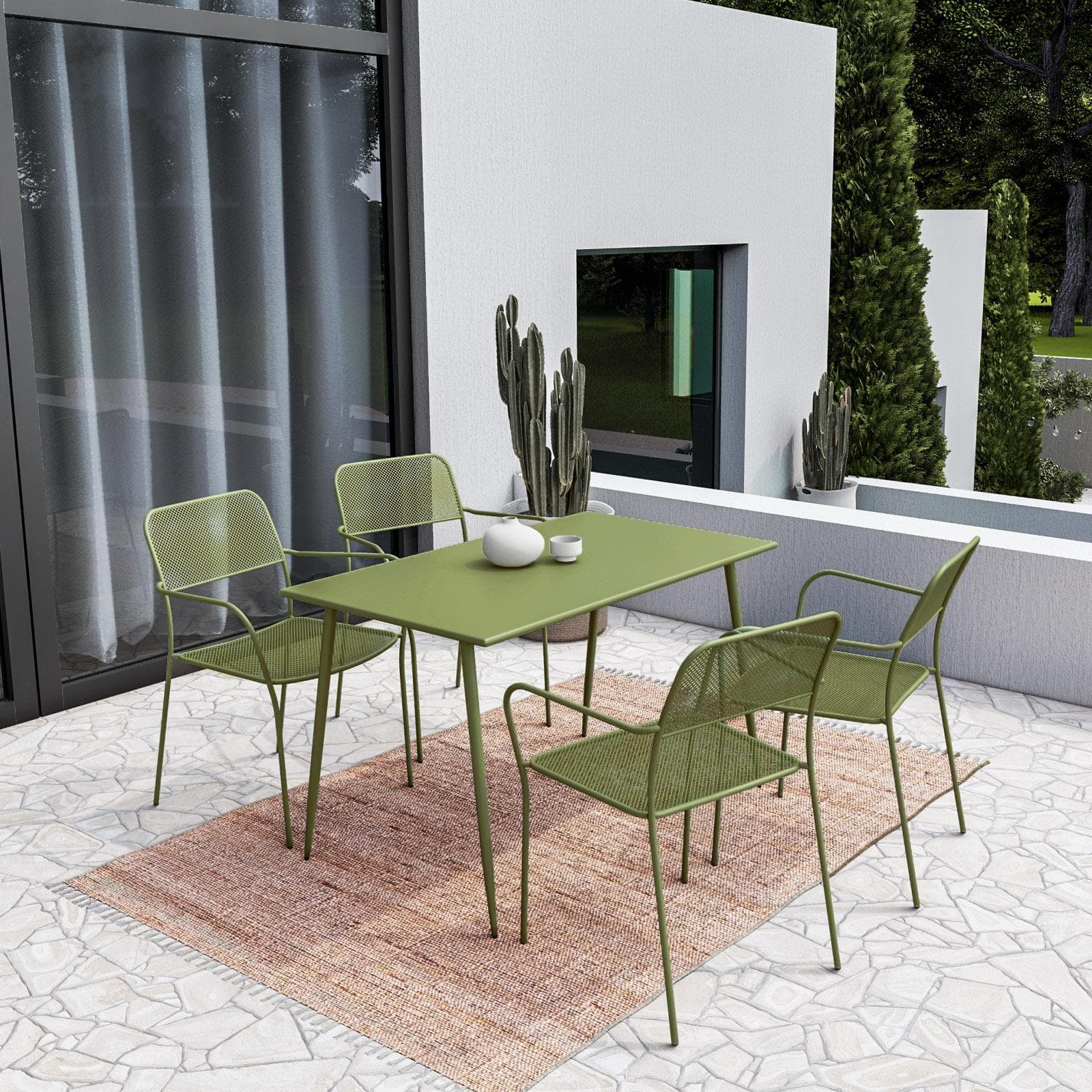 Set pranzo tavolo 70x120 cm e 4 sedie con braccioli in acciaio verde oliva - Faber