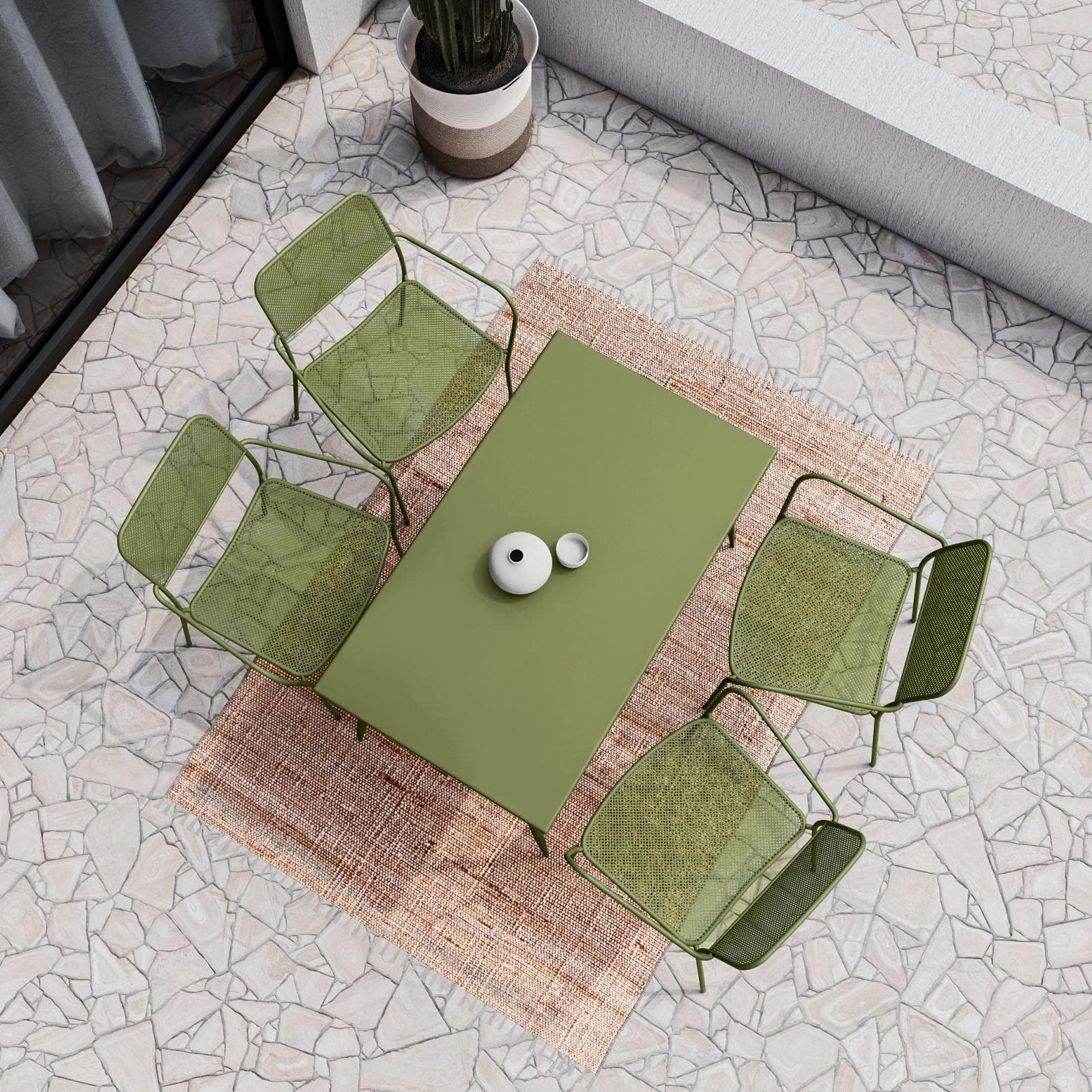 Set pranzo tavolo 70x120 cm e 4 sedie con braccioli in acciaio verde oliva - Faber