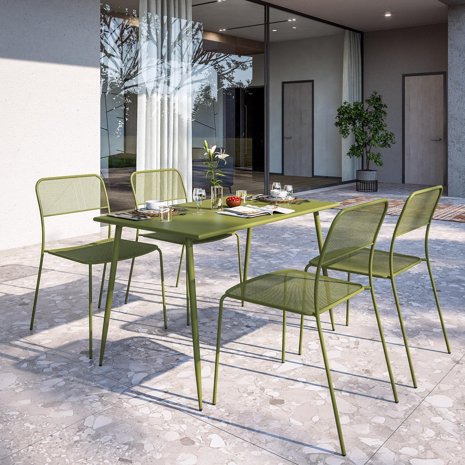 Set pranzo tavolo 70x120 cm e 4 sedie in acciaio verde oliva - Faber
