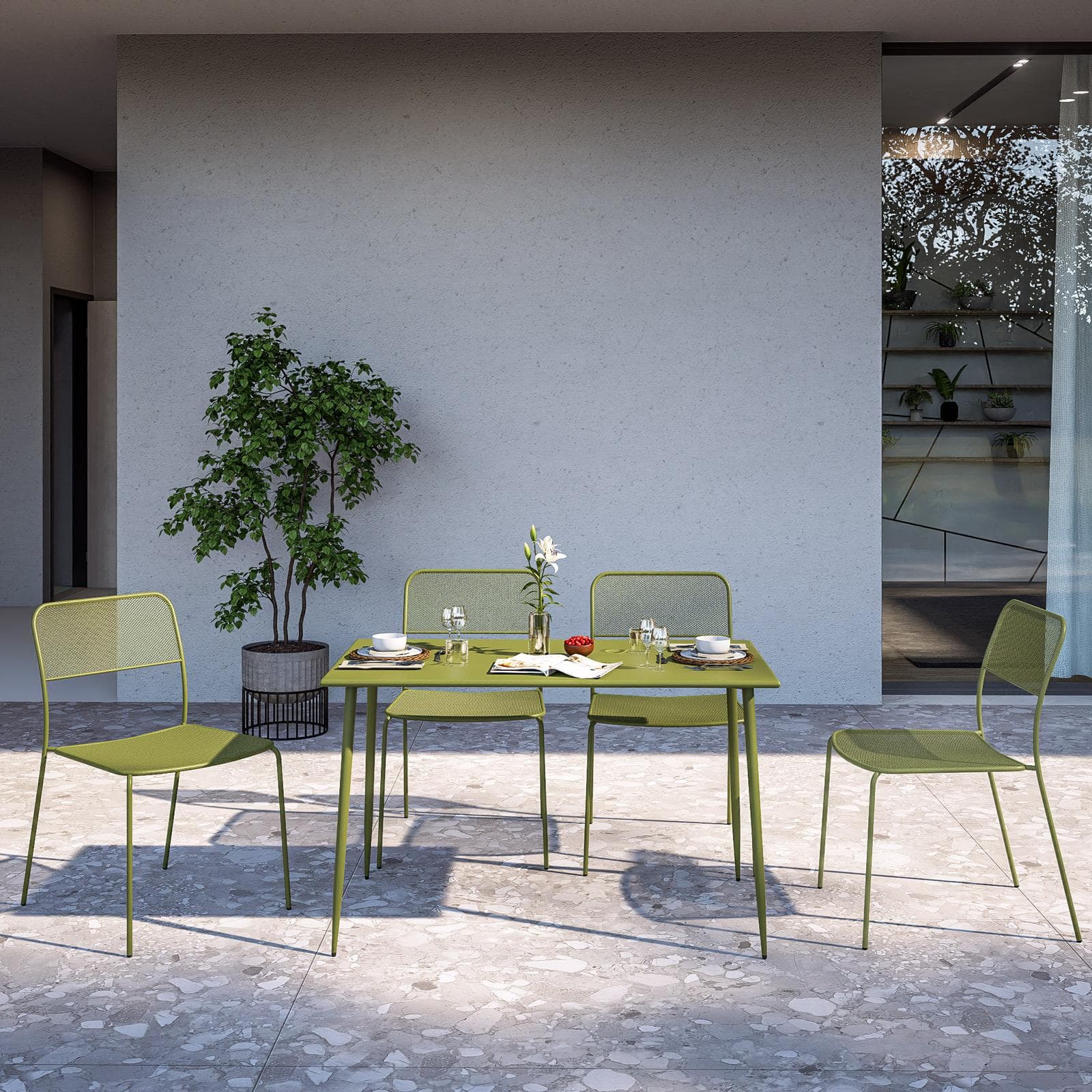 Set pranzo tavolo 70x120 cm e 4 sedie in acciaio verde oliva - Faber