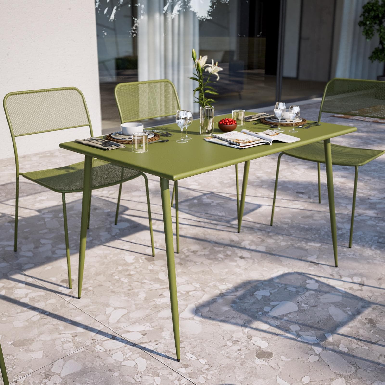 Set pranzo tavolo 70x120 cm e 4 sedie in acciaio verde oliva - Faber