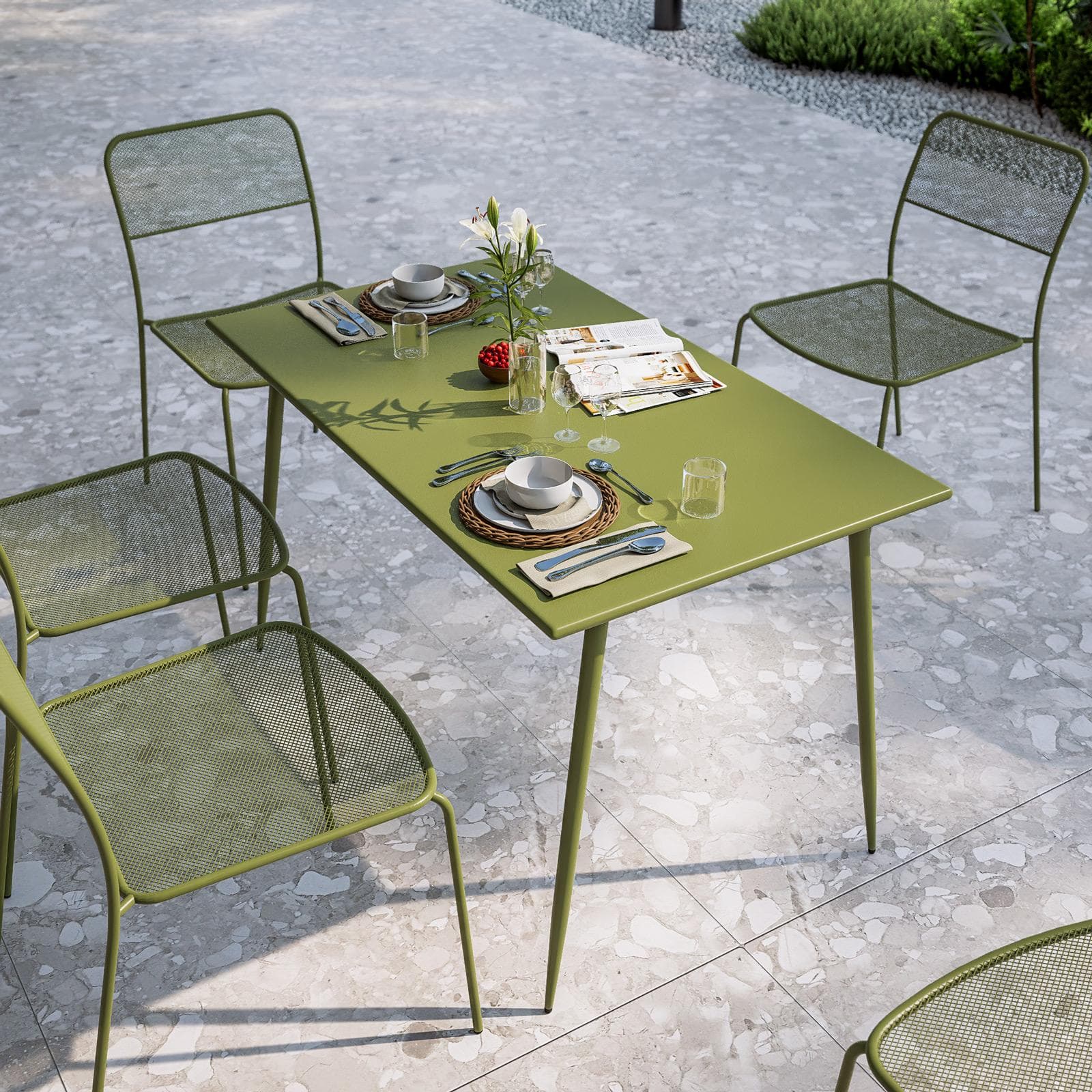 Set pranzo tavolo 70x120 cm e 4 sedie in acciaio verde oliva - Faber