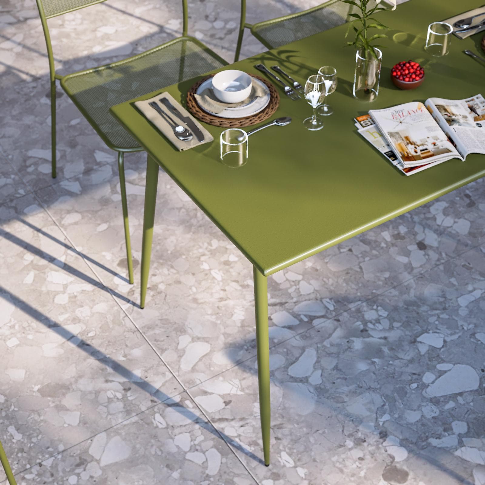 Set pranzo tavolo 70x120 cm e 4 sedie in acciaio verde oliva - Faber