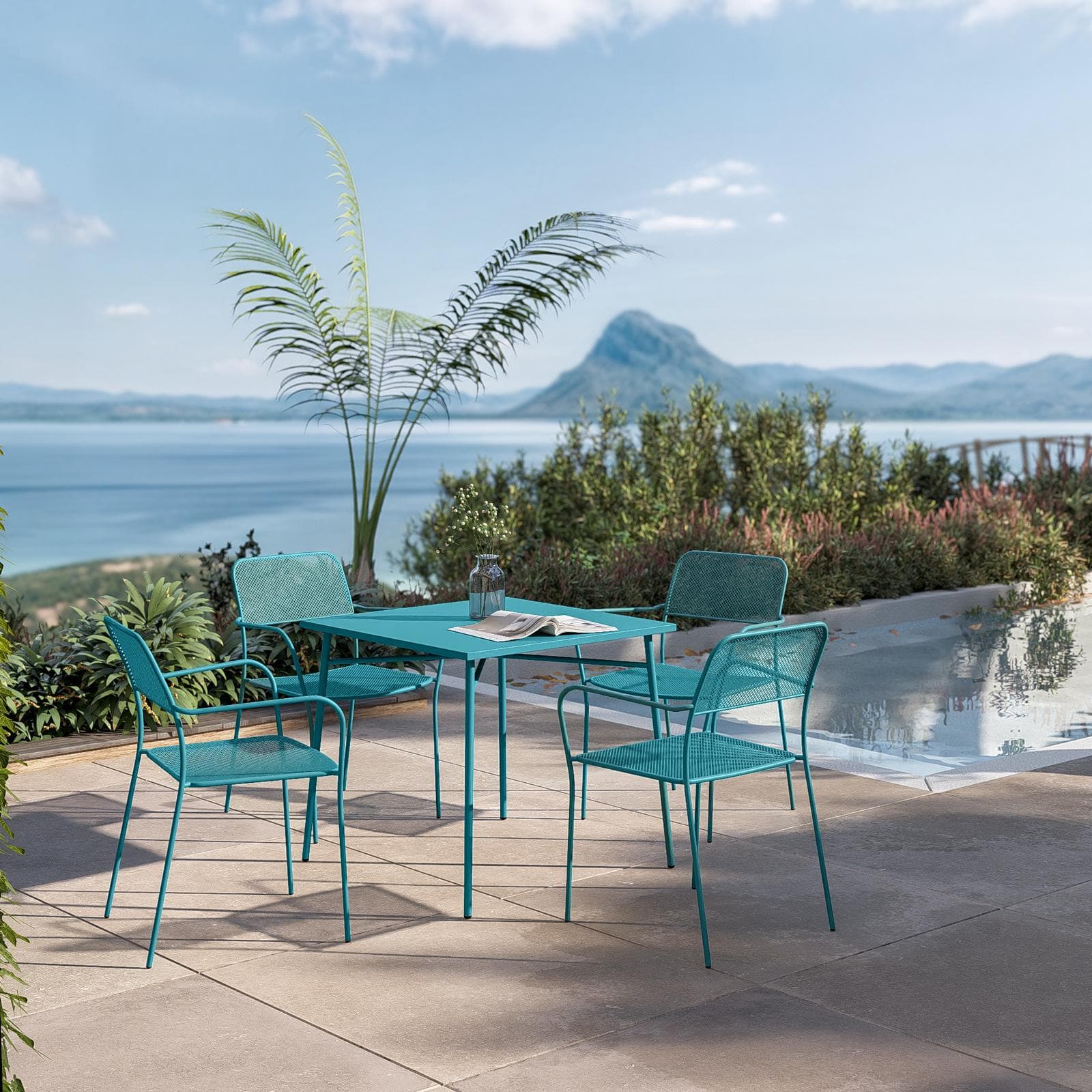 Set pranzo con tavolo 80x80 cm e 4 sedie con braccioli in acciaio blu maldive - Faber