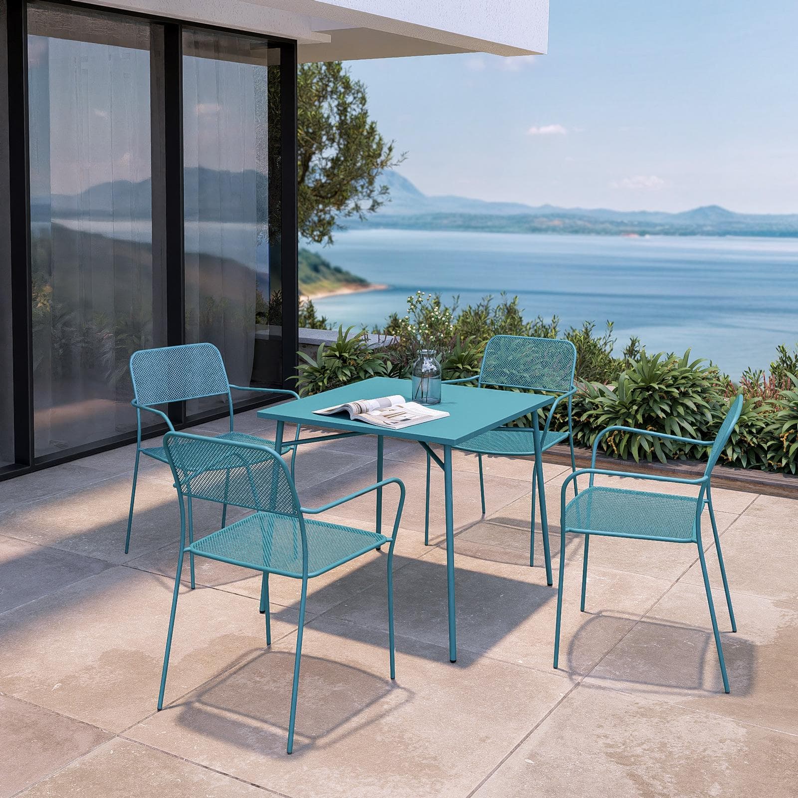 Set pranzo con tavolo 80x80 cm e 4 sedie con braccioli in acciaio blu maldive - Faber