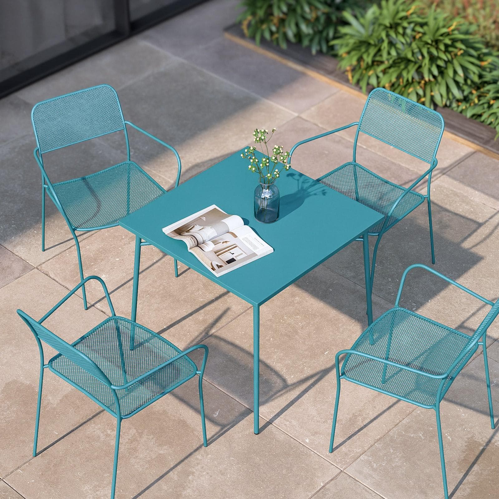 Set pranzo con tavolo 80x80 cm e 4 sedie con braccioli in acciaio blu maldive - Faber