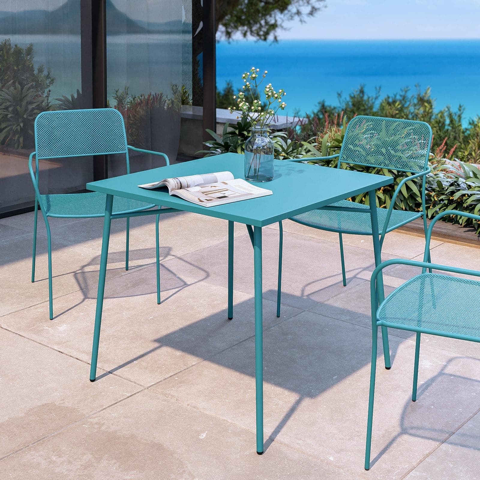 Set pranzo con tavolo 80x80 cm e 4 sedie con braccioli in acciaio blu maldive - Faber