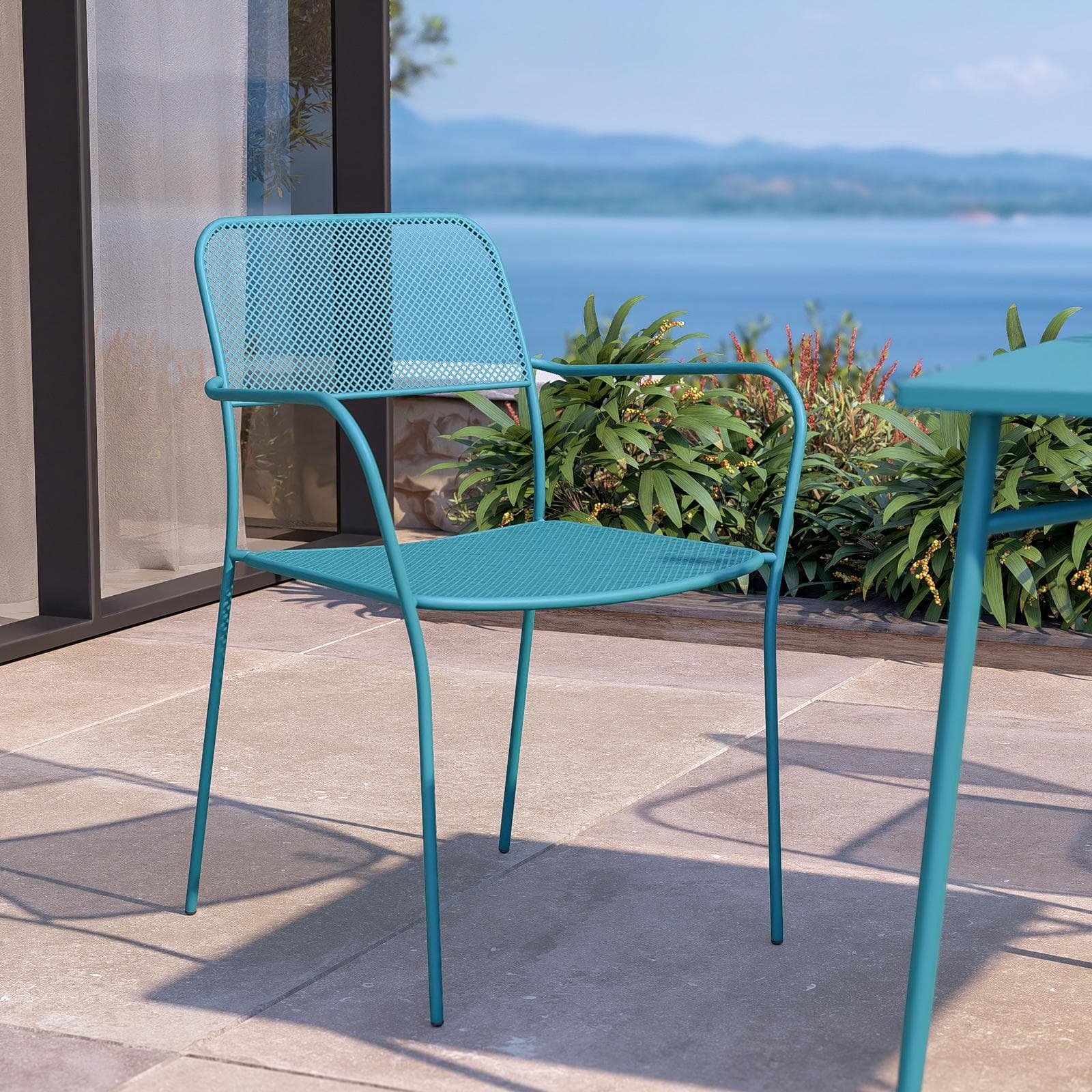 Set pranzo con tavolo 80x80 cm e 4 sedie con braccioli in acciaio blu maldive - Faber
