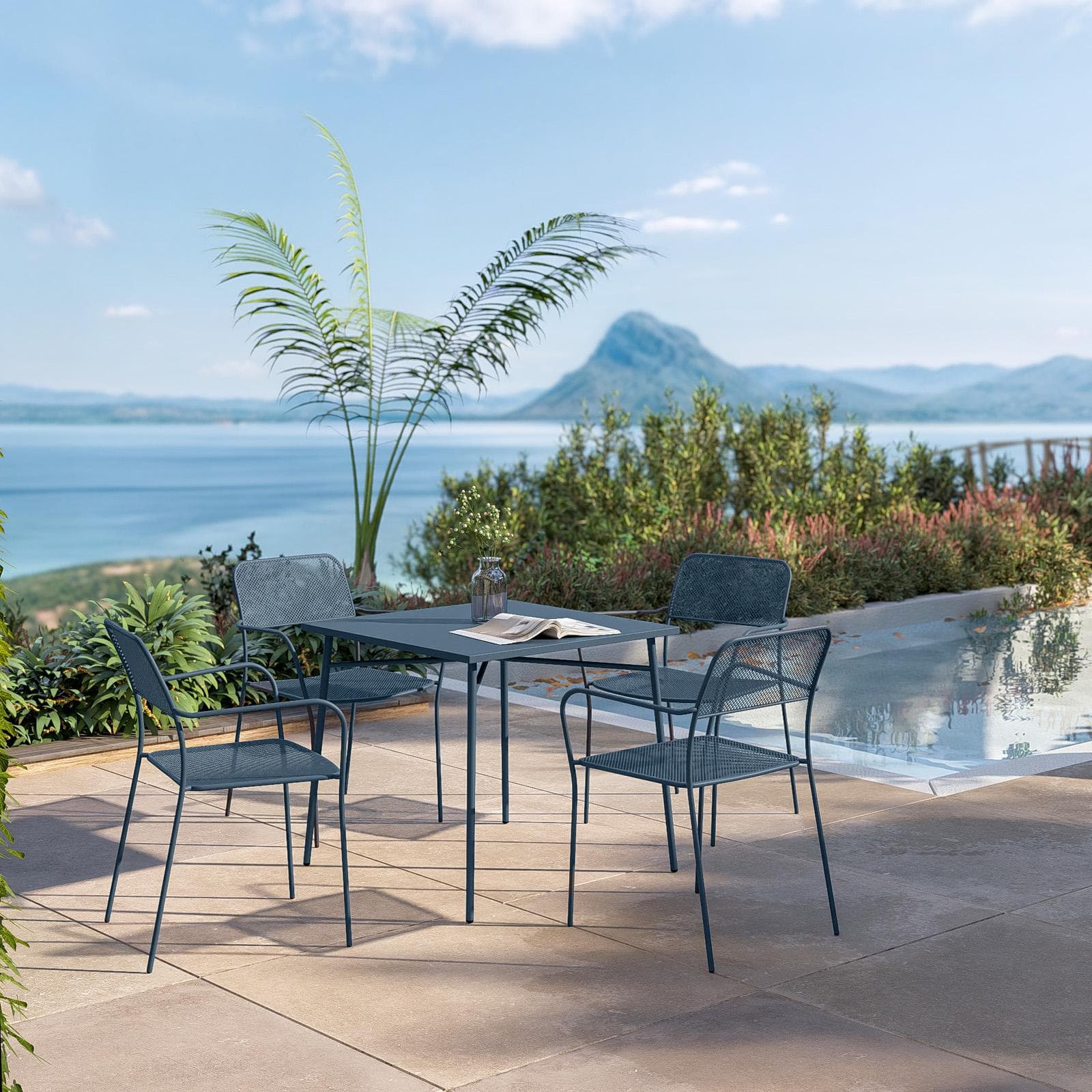 Set pranzo con tavolo 80x80 cm e 4 sedie con braccioli in acciaio blu oceano - Faber