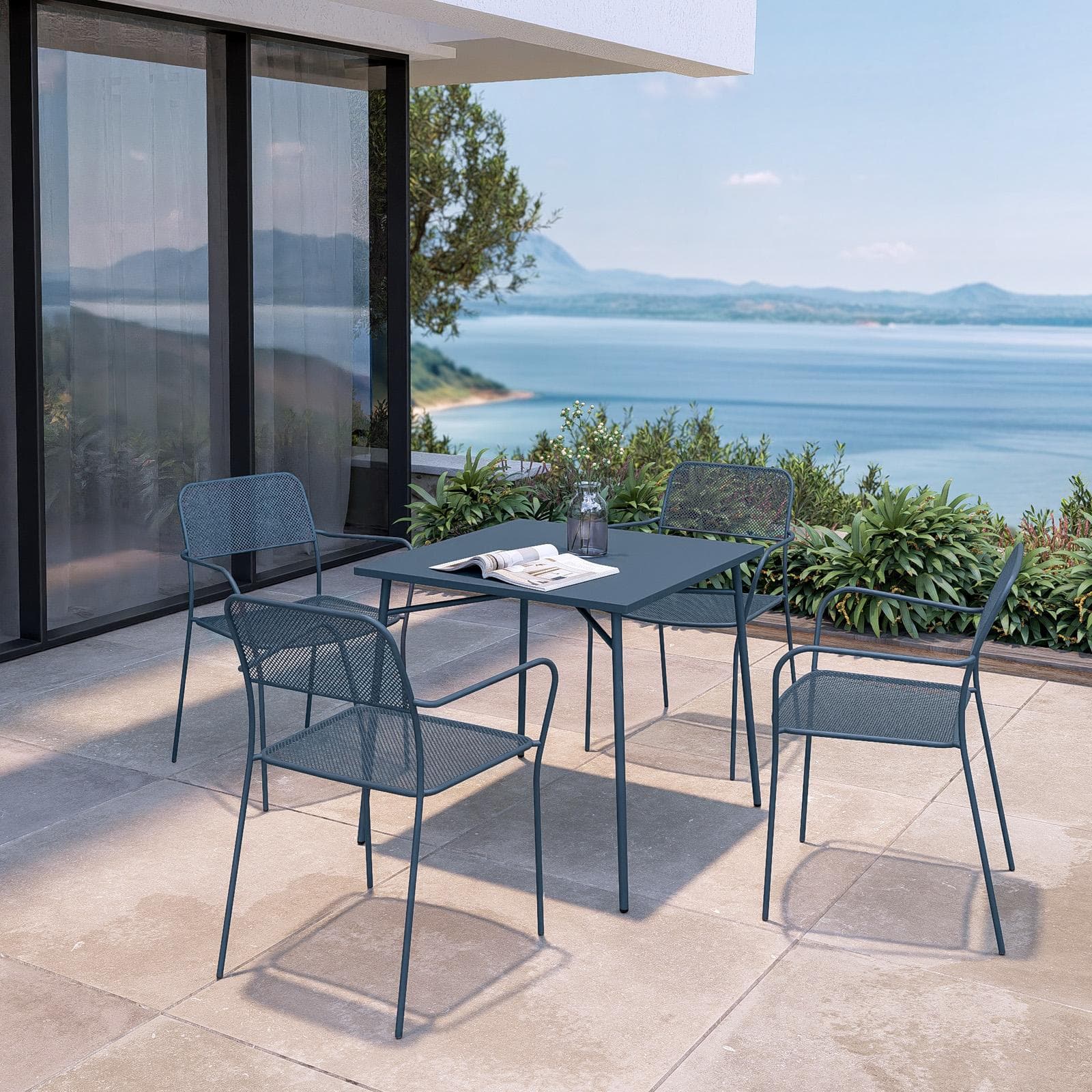 Set pranzo con tavolo 80x80 cm e 4 sedie con braccioli in acciaio blu oceano - Faber