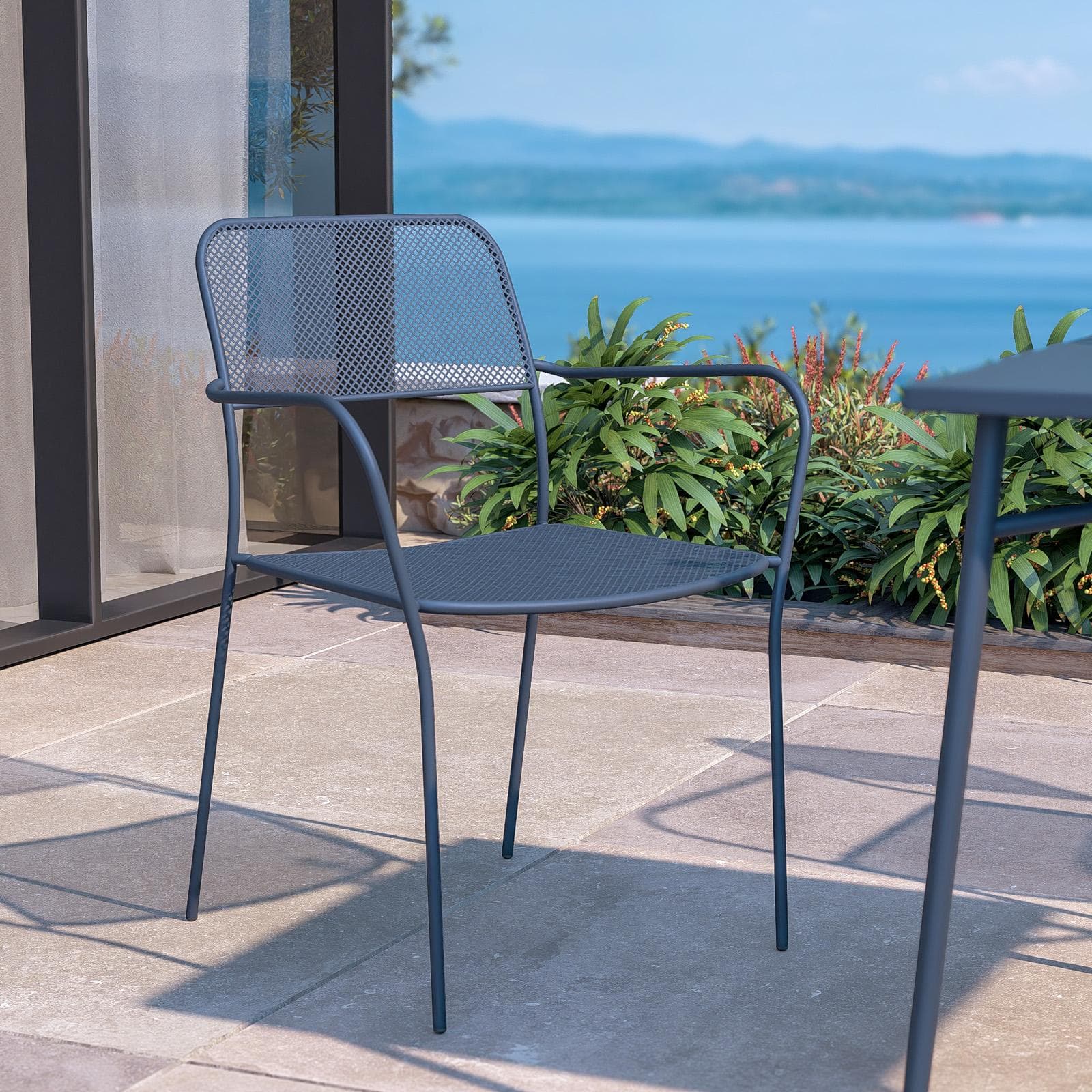 Set pranzo con tavolo 80x80 cm e 4 sedie con braccioli in acciaio blu oceano - Faber
