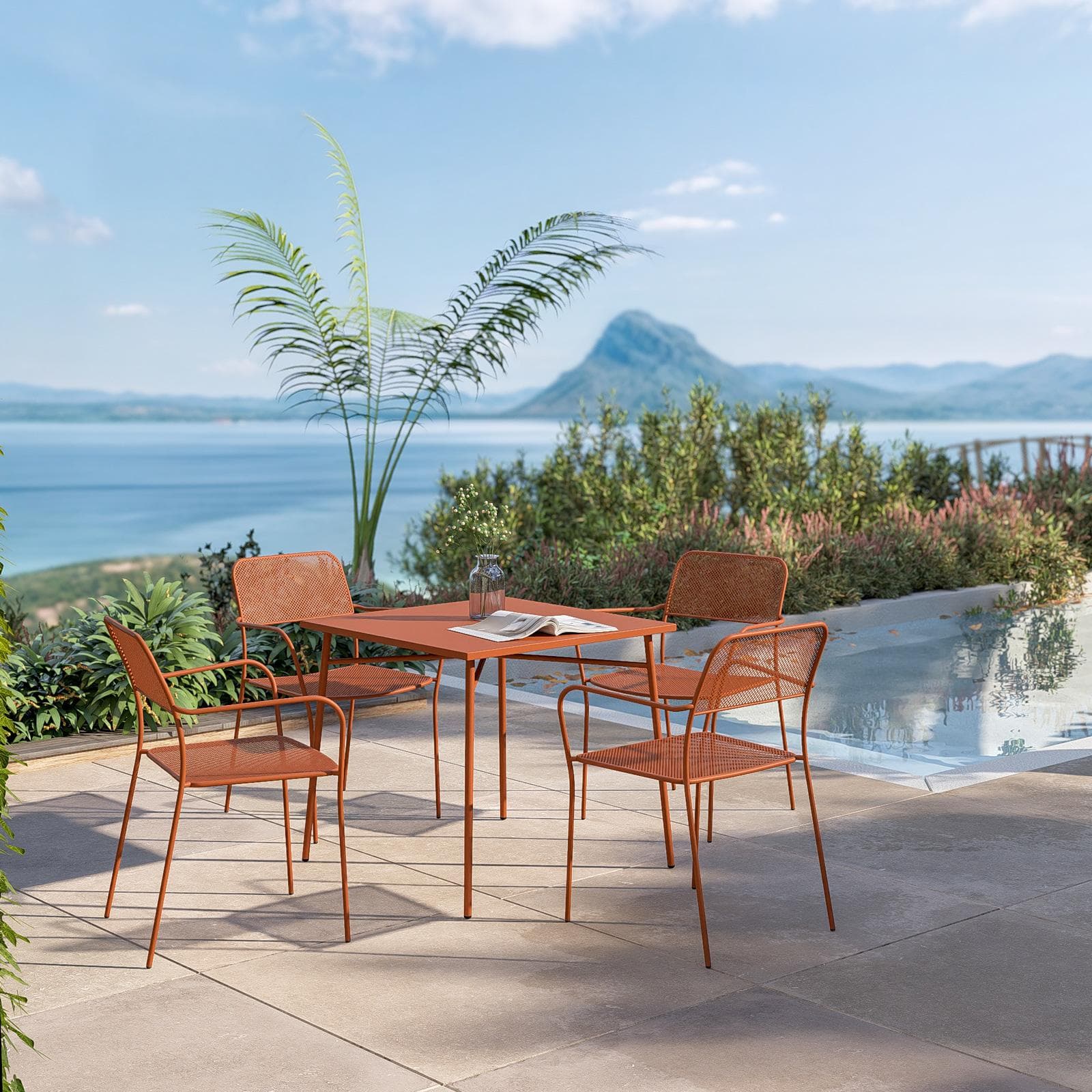 Set pranzo con tavolo 80x80 cm e 4 sedie con braccioli in acciaio terracotta - Faber