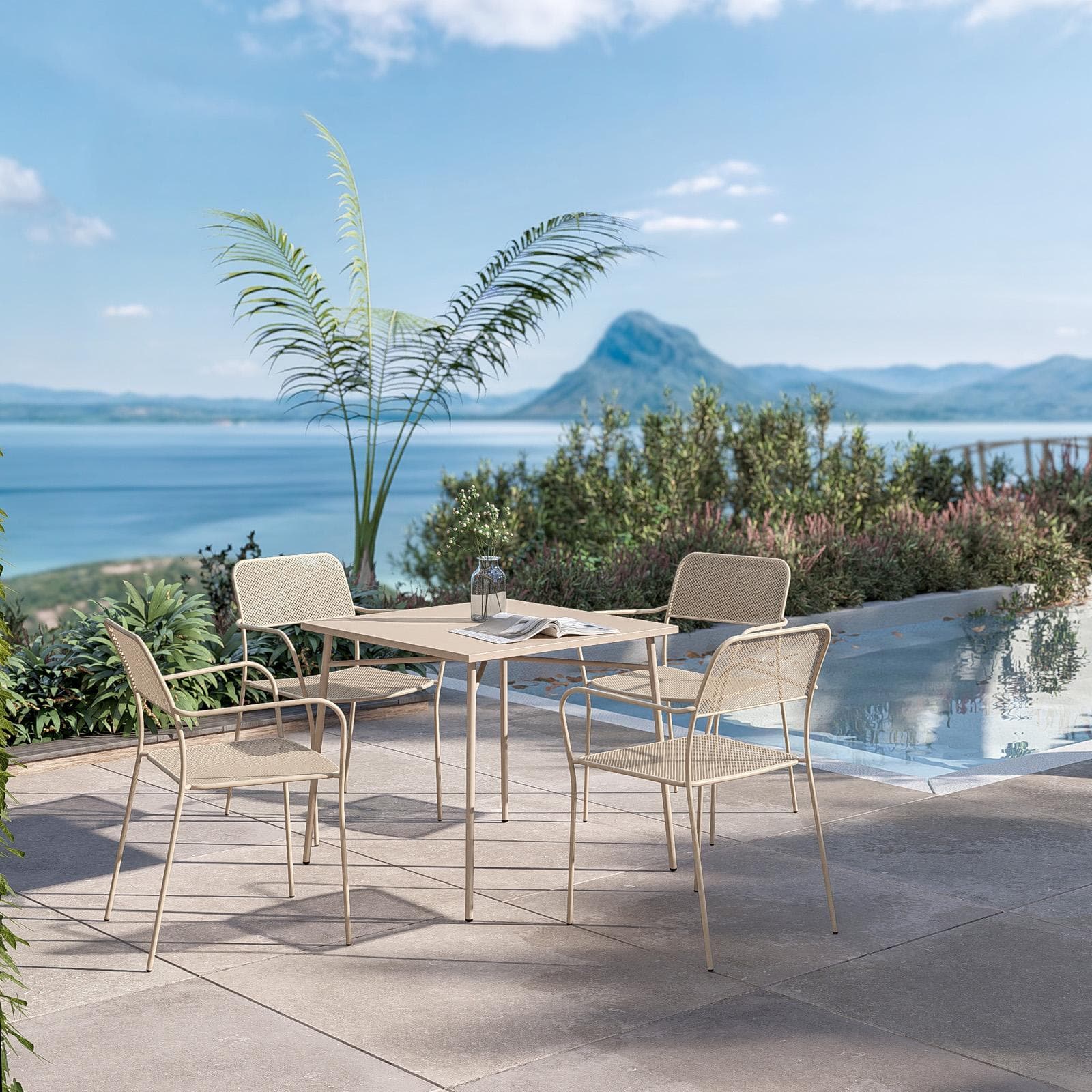 Set pranzo con tavolo 80x80 cm e 4 sedie con braccioli in acciaio vanglia - Faber