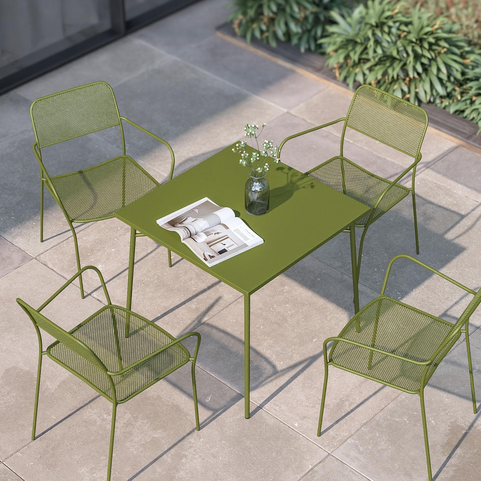 Set pranzo tavolo 80x80 cm e 4 sedie con braccioli in acciaio verde oliva - Faber
