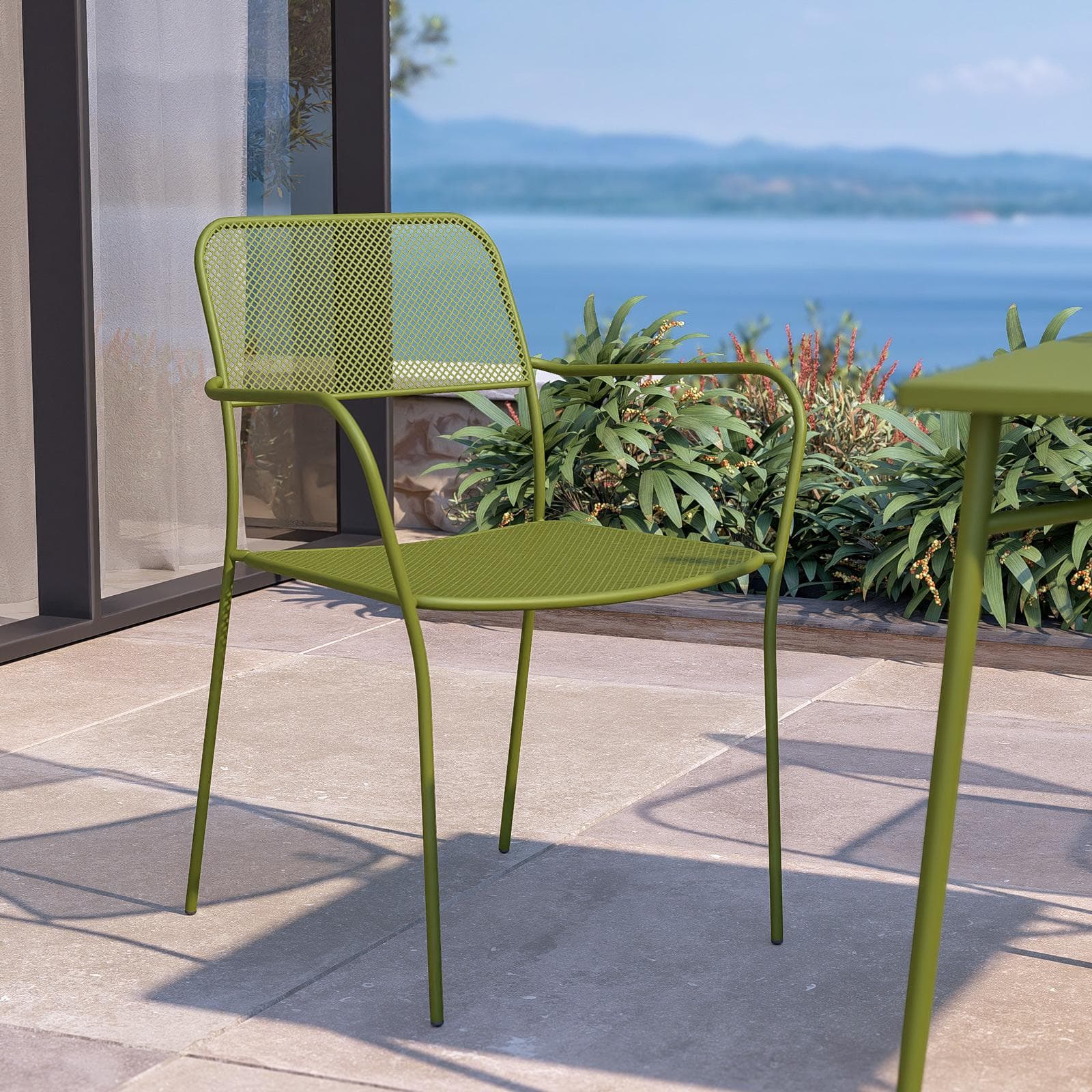 Set pranzo tavolo 80x80 cm e 4 sedie con braccioli in acciaio verde oliva - Faber