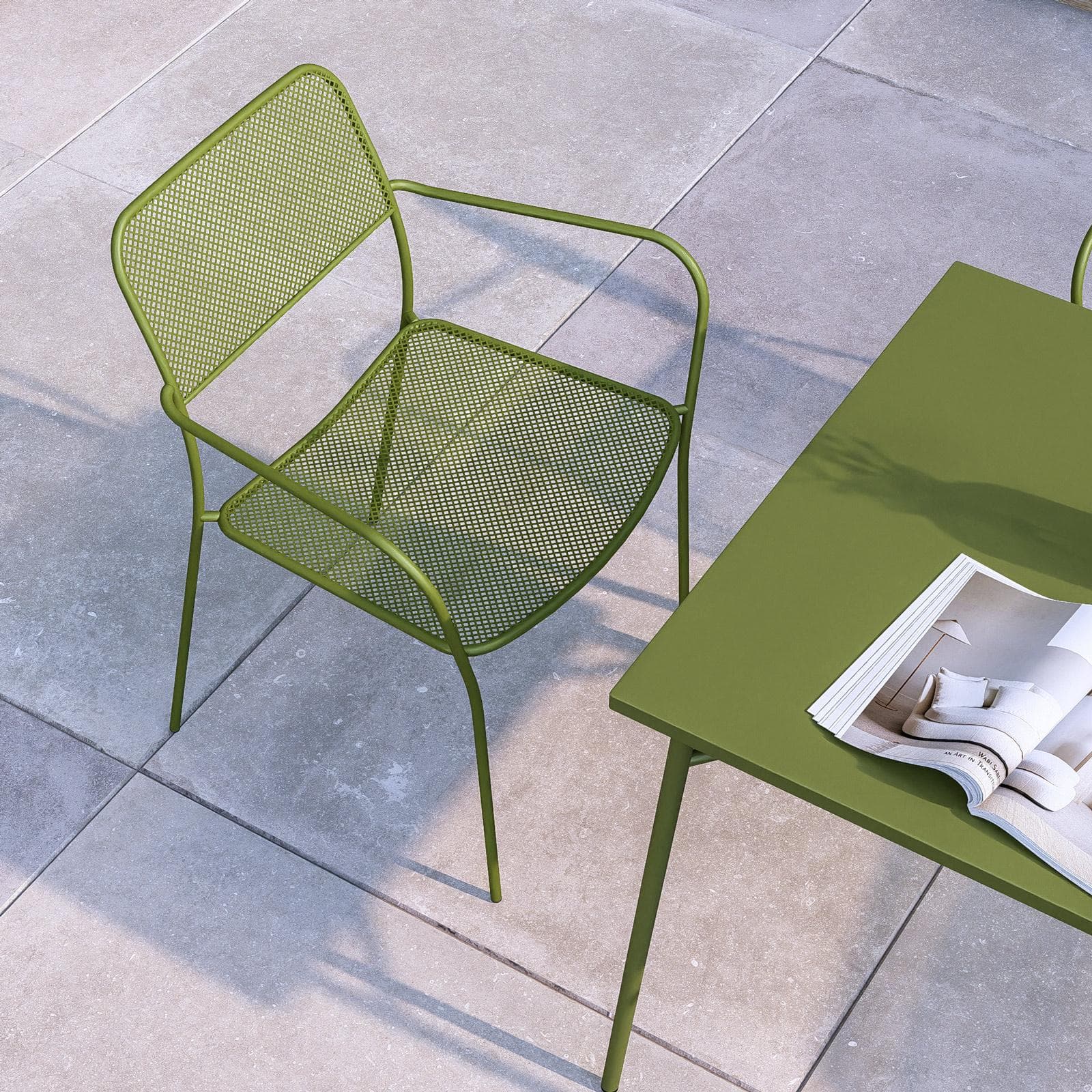 Set pranzo tavolo 80x80 cm e 4 sedie con braccioli in acciaio verde oliva - Faber