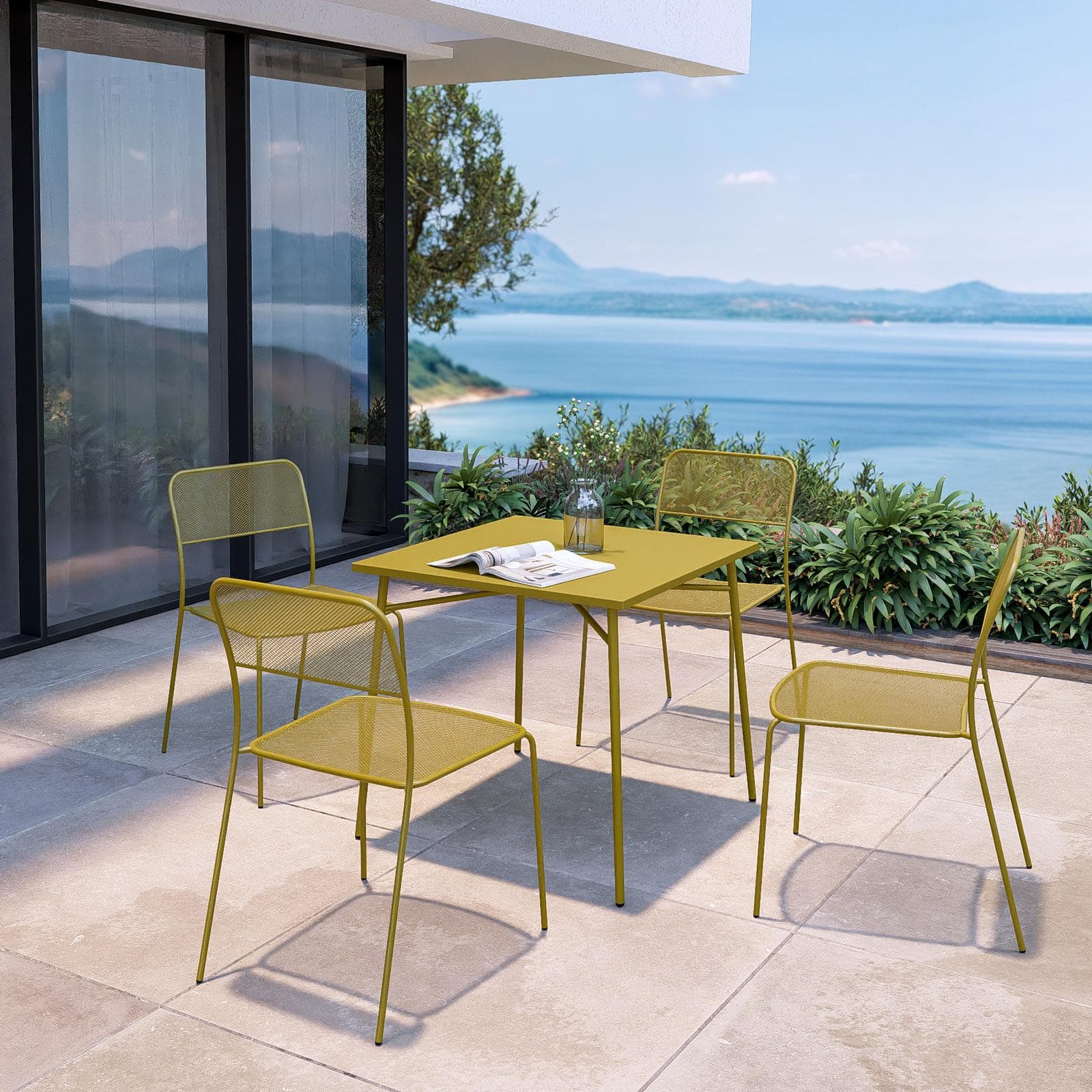 Set pranzo con tavolo 80x80 cm e 4 sedie in acciaio senape - Faber