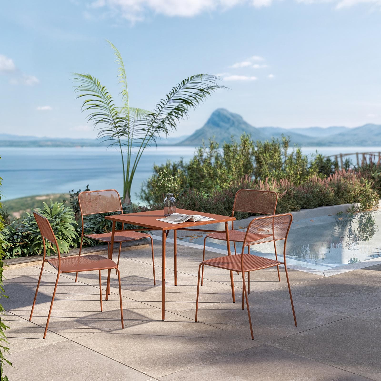 Set pranzo con tavolo 80x80 cm e 4 sedie in acciaio terracotta - Faber