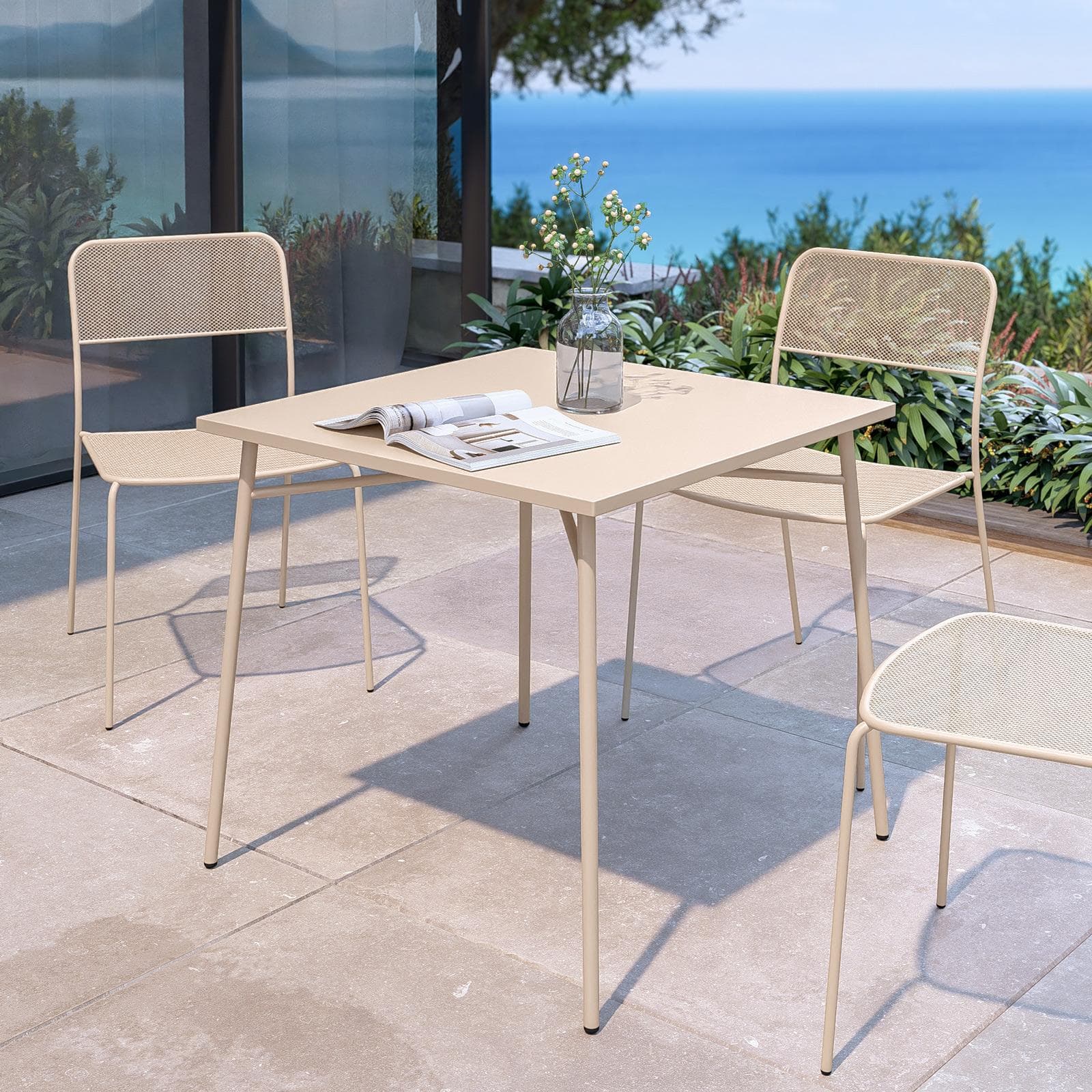 Set pranzo con tavolo 80x80 cm e 4 sedie in acciaio vaniglia - Faber