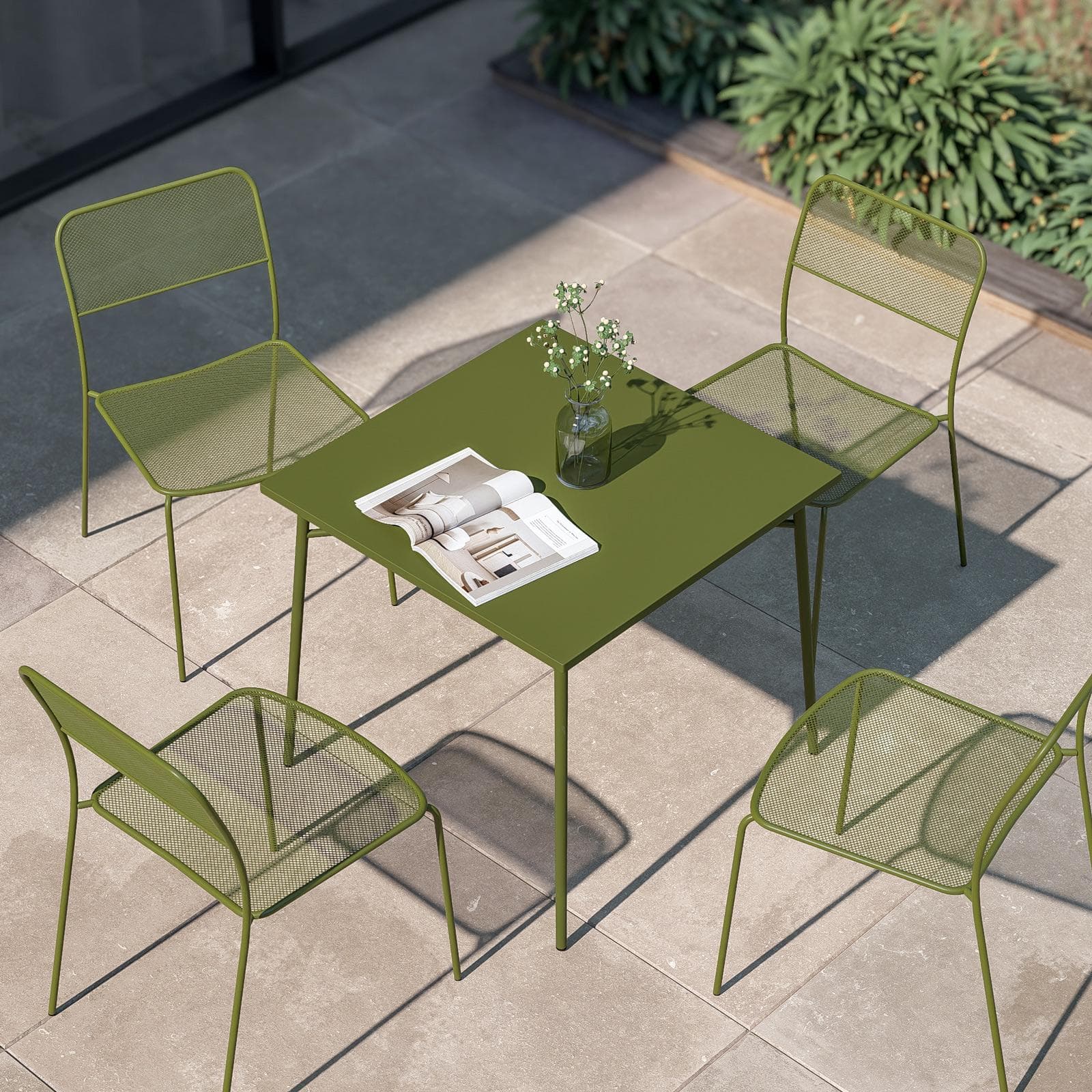 Set pranzo tavolo 80x80 cm e 4 sedie in acciaio verde oliva - Faber