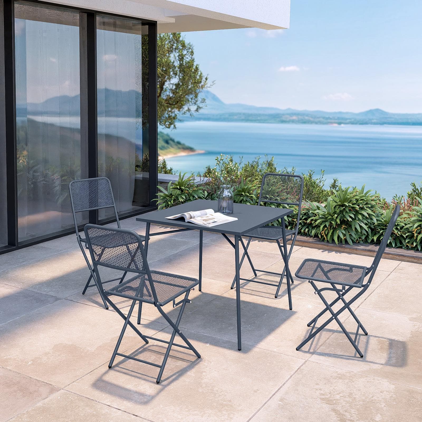 Set pranzo con tavolo 80x80 cm e 4 sedie pieghevoli in acciaio blu oceano - Faber