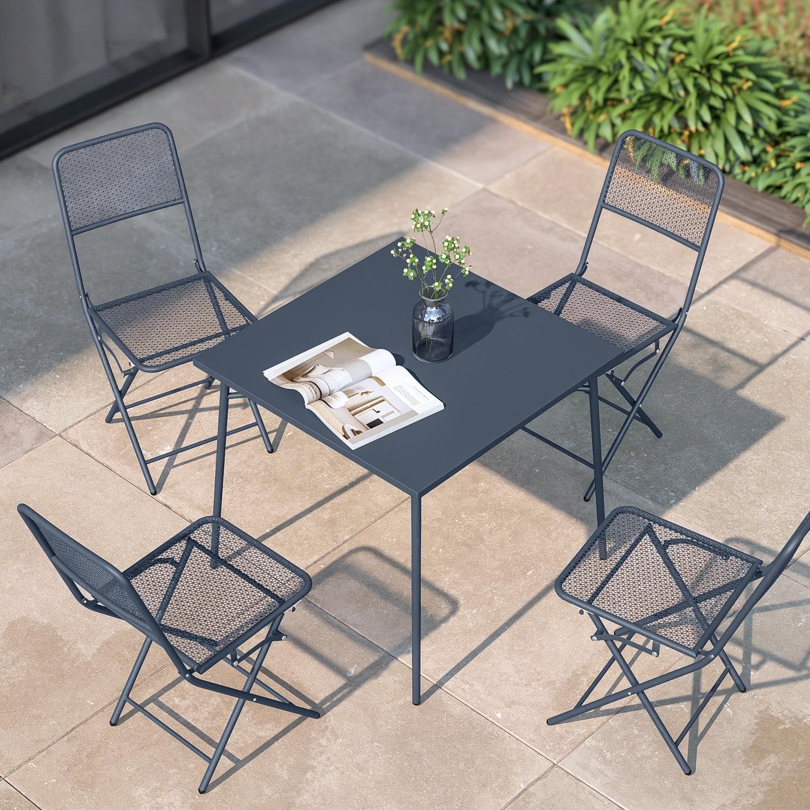 Set pranzo con tavolo 80x80 cm e 4 sedie pieghevoli in acciaio blu oceano - Faber