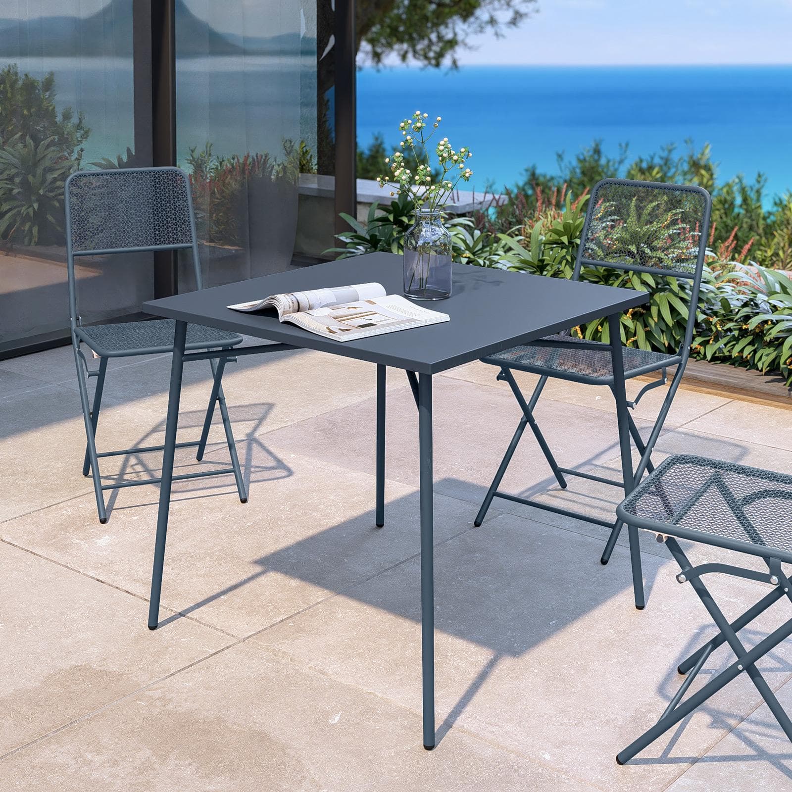 Set pranzo con tavolo 80x80 cm e 4 sedie pieghevoli in acciaio blu oceano - Faber