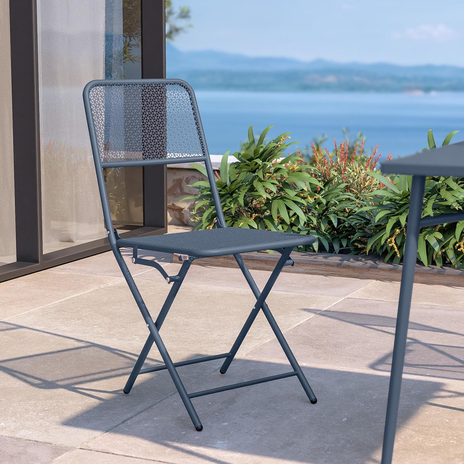 Set pranzo con tavolo 80x80 cm e 4 sedie pieghevoli in acciaio blu oceano - Faber