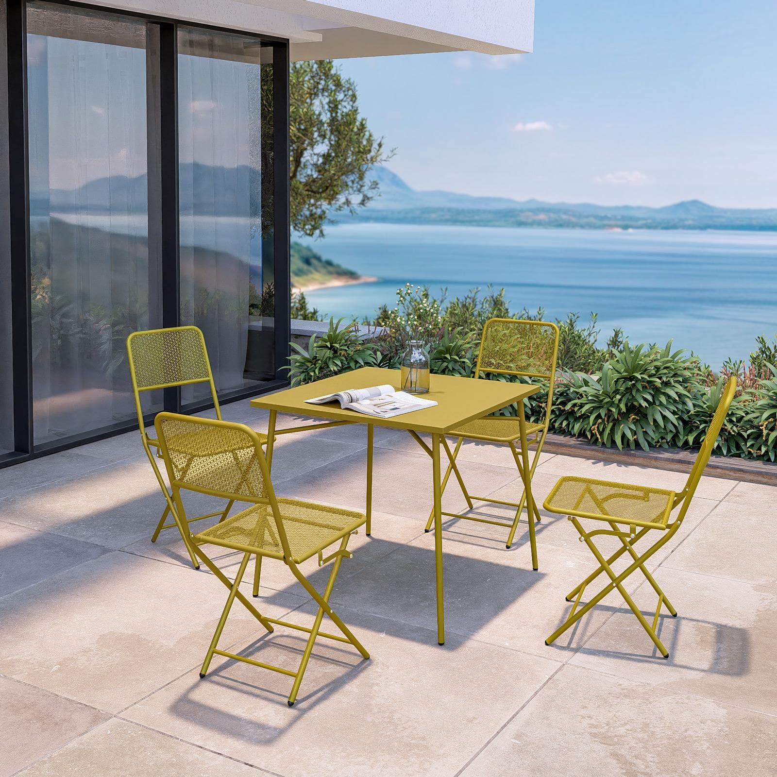 Set pranzo con tavolo 80x80 cm e 4 sedie pieghevoli in acciaio senape - Faber