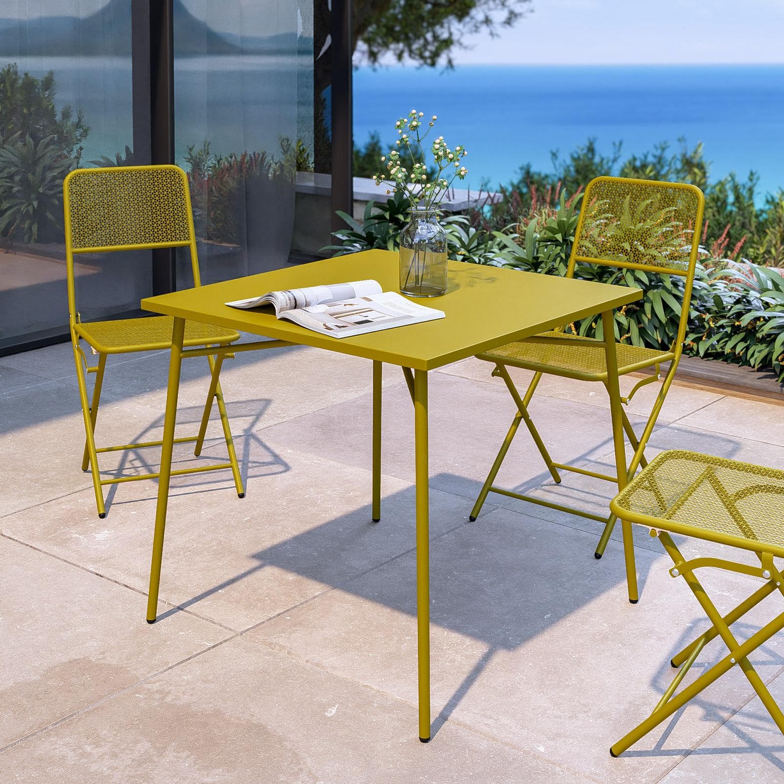 Set pranzo con tavolo 80x80 cm e 4 sedie pieghevoli in acciaio senape - Faber