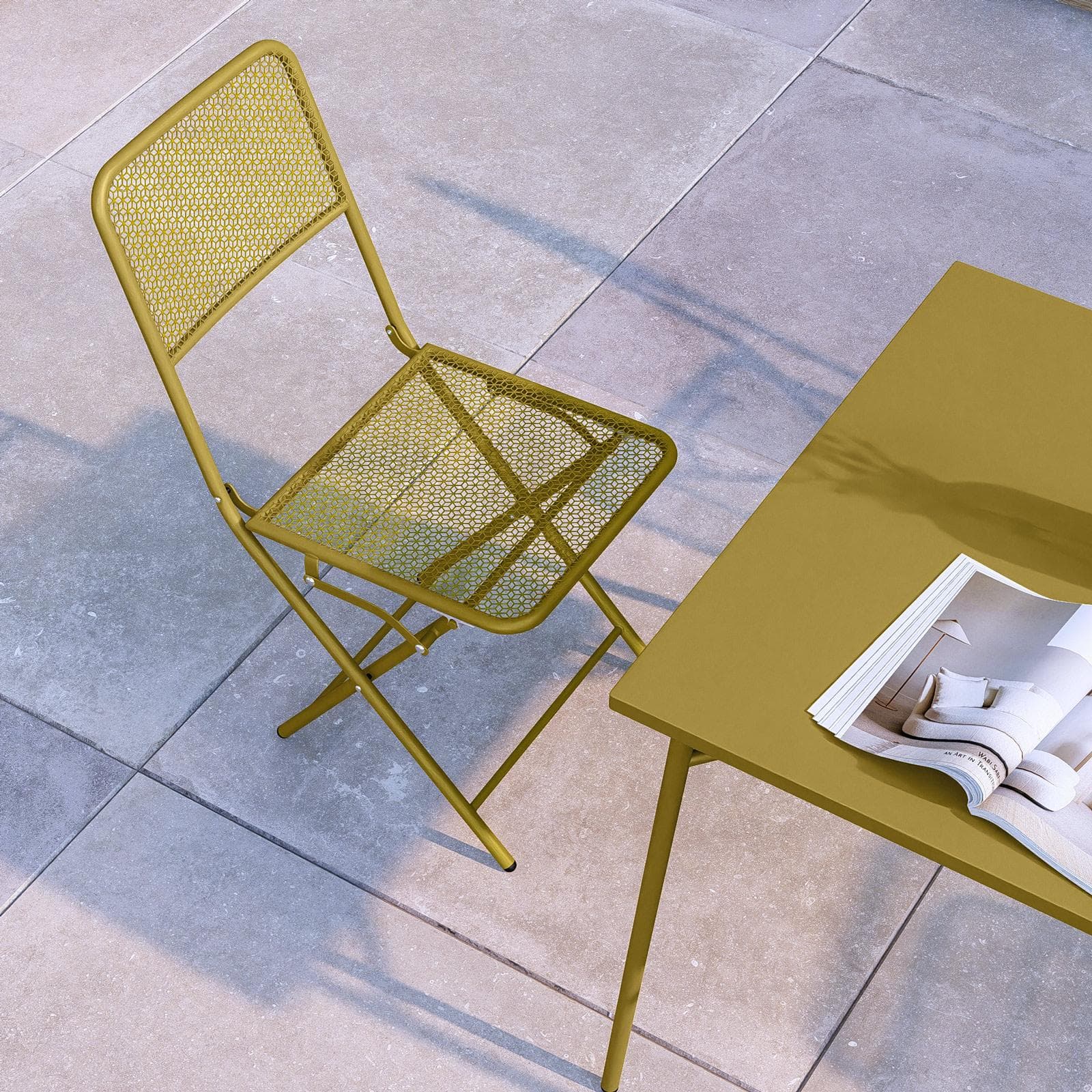 Set pranzo con tavolo 80x80 cm e 4 sedie pieghevoli in acciaio senape - Faber