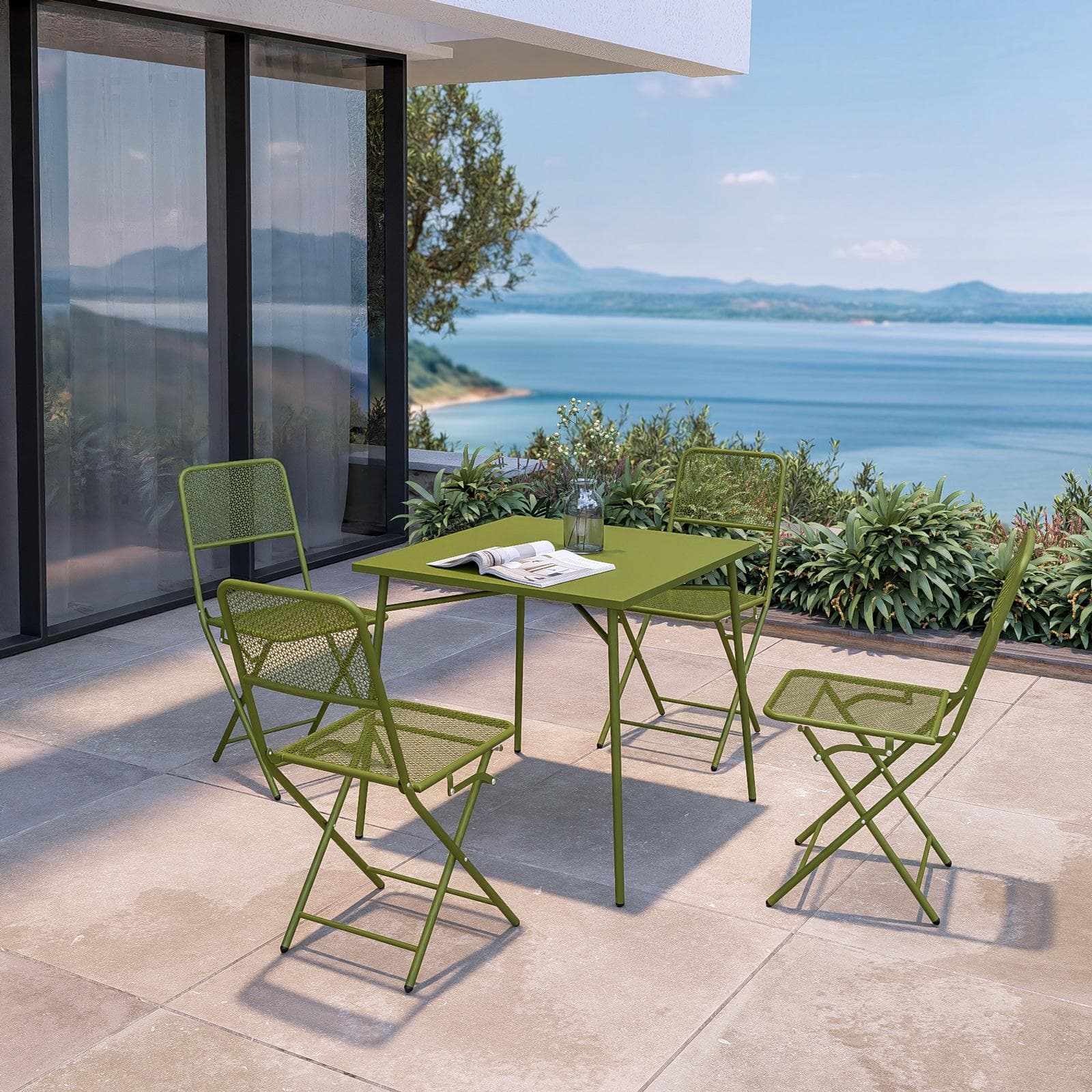 Set pranzo con tavolo 80x80 cm e 4 sedie pieghevoli in acciaio verde oliva - Faber