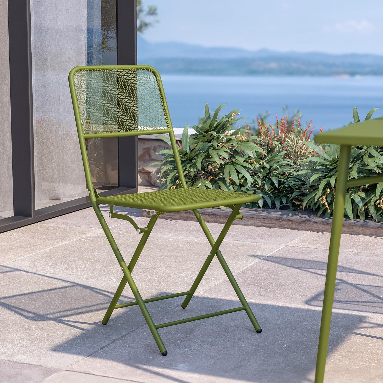 Set pranzo con tavolo 80x80 cm e 4 sedie pieghevoli in acciaio verde oliva - Faber