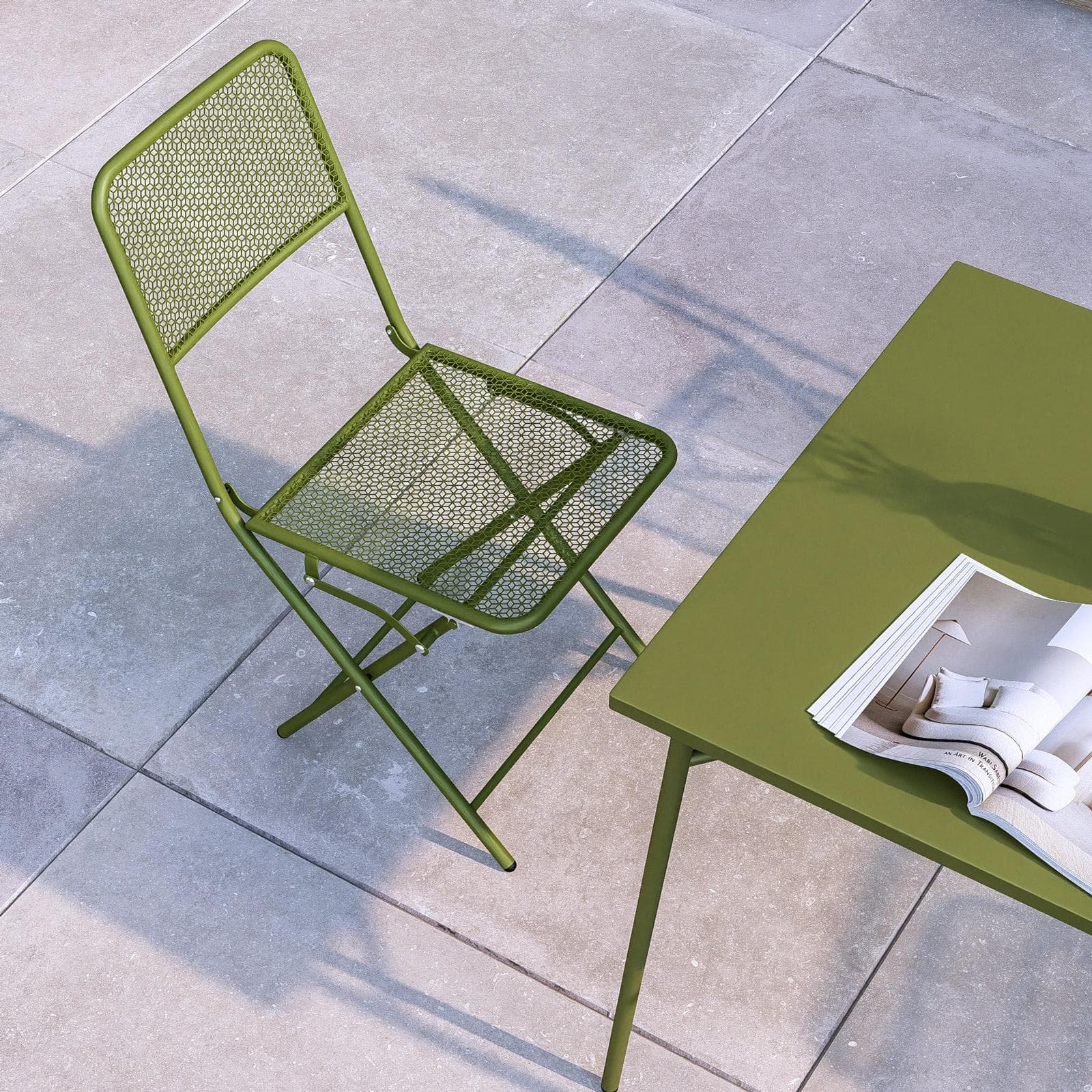 Set pranzo con tavolo 80x80 cm e 4 sedie pieghevoli in acciaio verde oliva - Faber