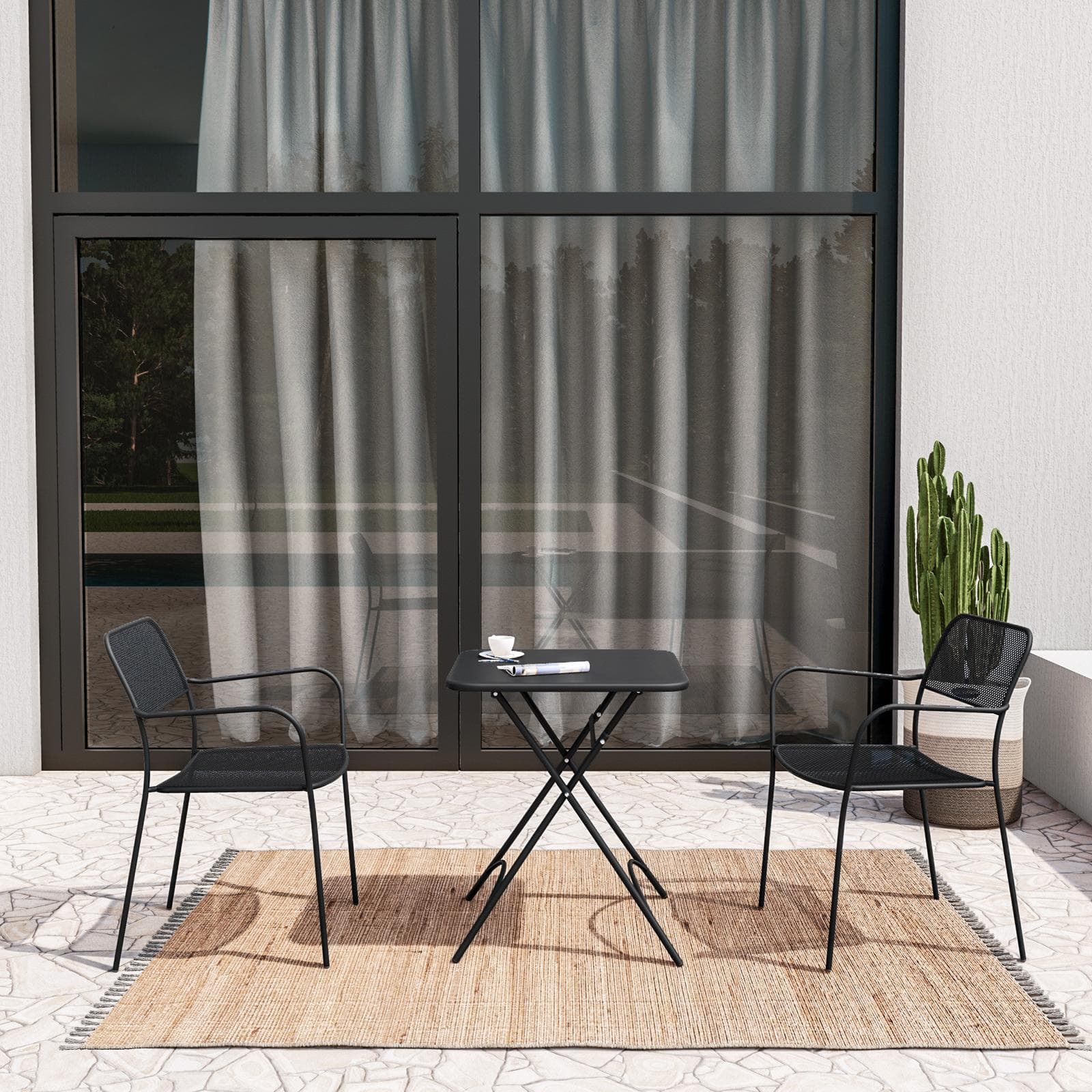 Set bistrot tavolo pieghevole 60x60 cm e 2 sedie con braccioli in acciaio nero - Faber